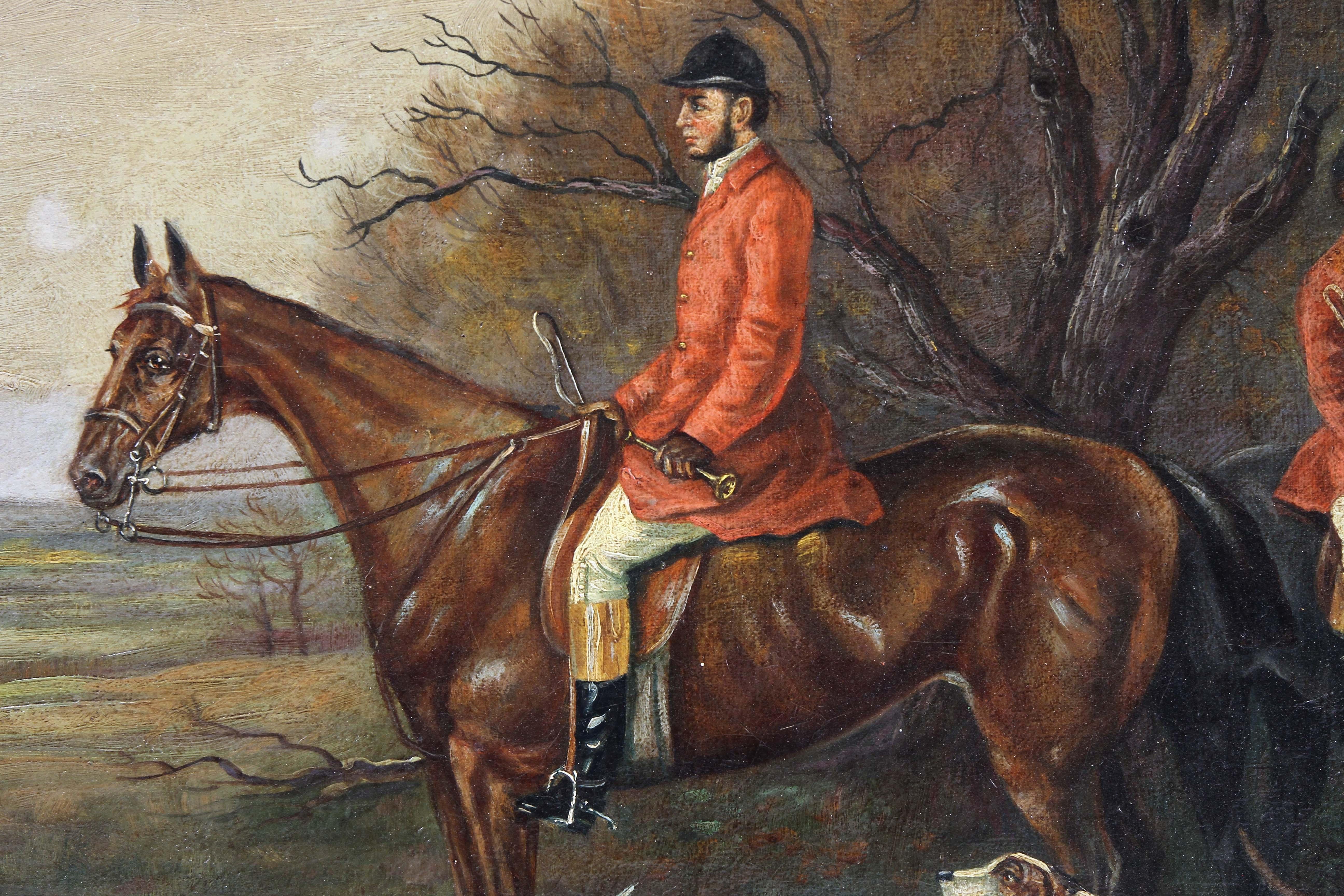 Victorian Oil on Canvas Painting of Equestrian Fox Hunting