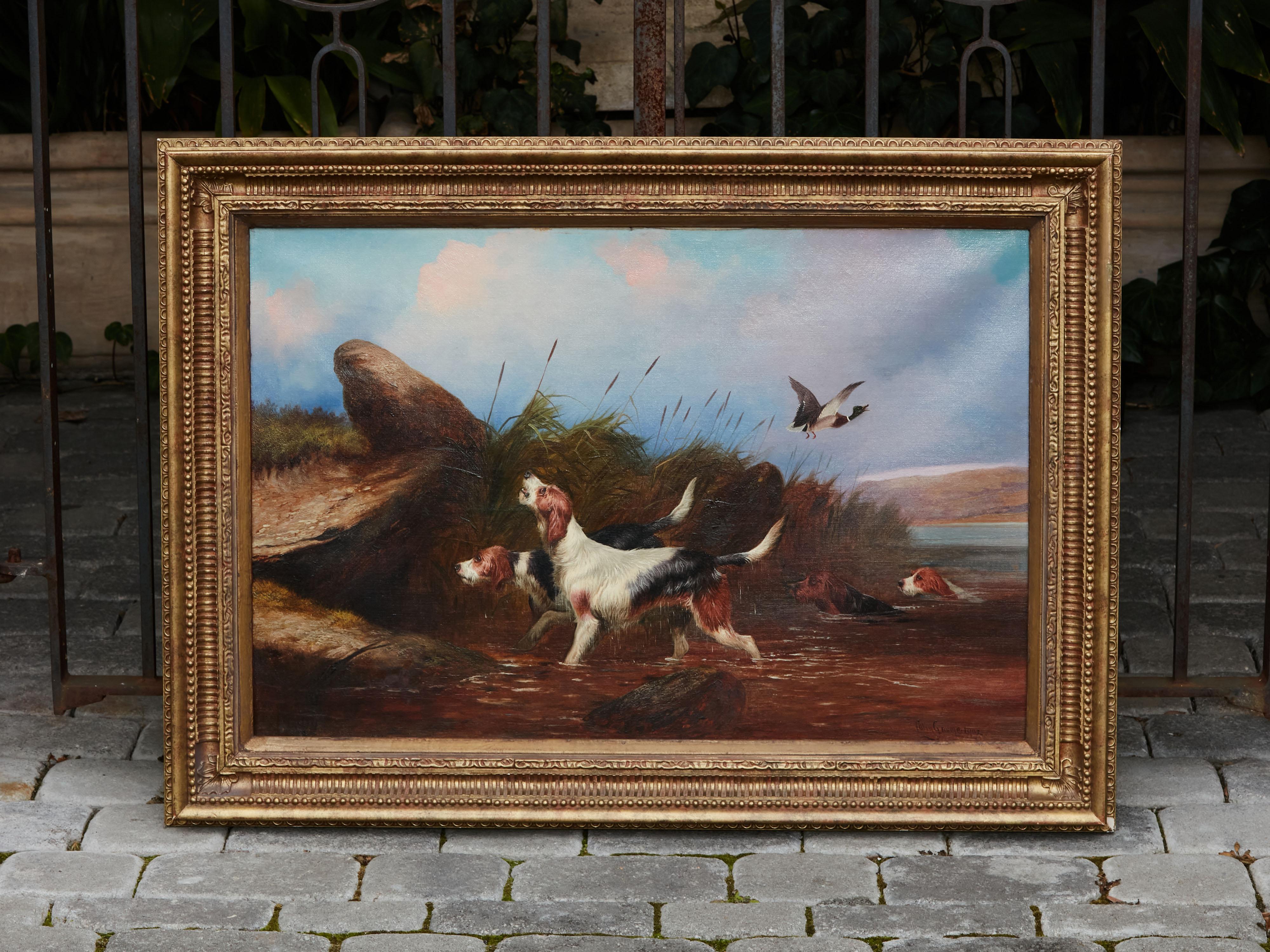 An English oil on canvas painting from the early 20th century by Colin Graeme Roe (1858 - 1910), depicting four otterhounds hunting in a waterscape. Created in England at the Turn of the Century, this horizontal oil on canvas painting features a
