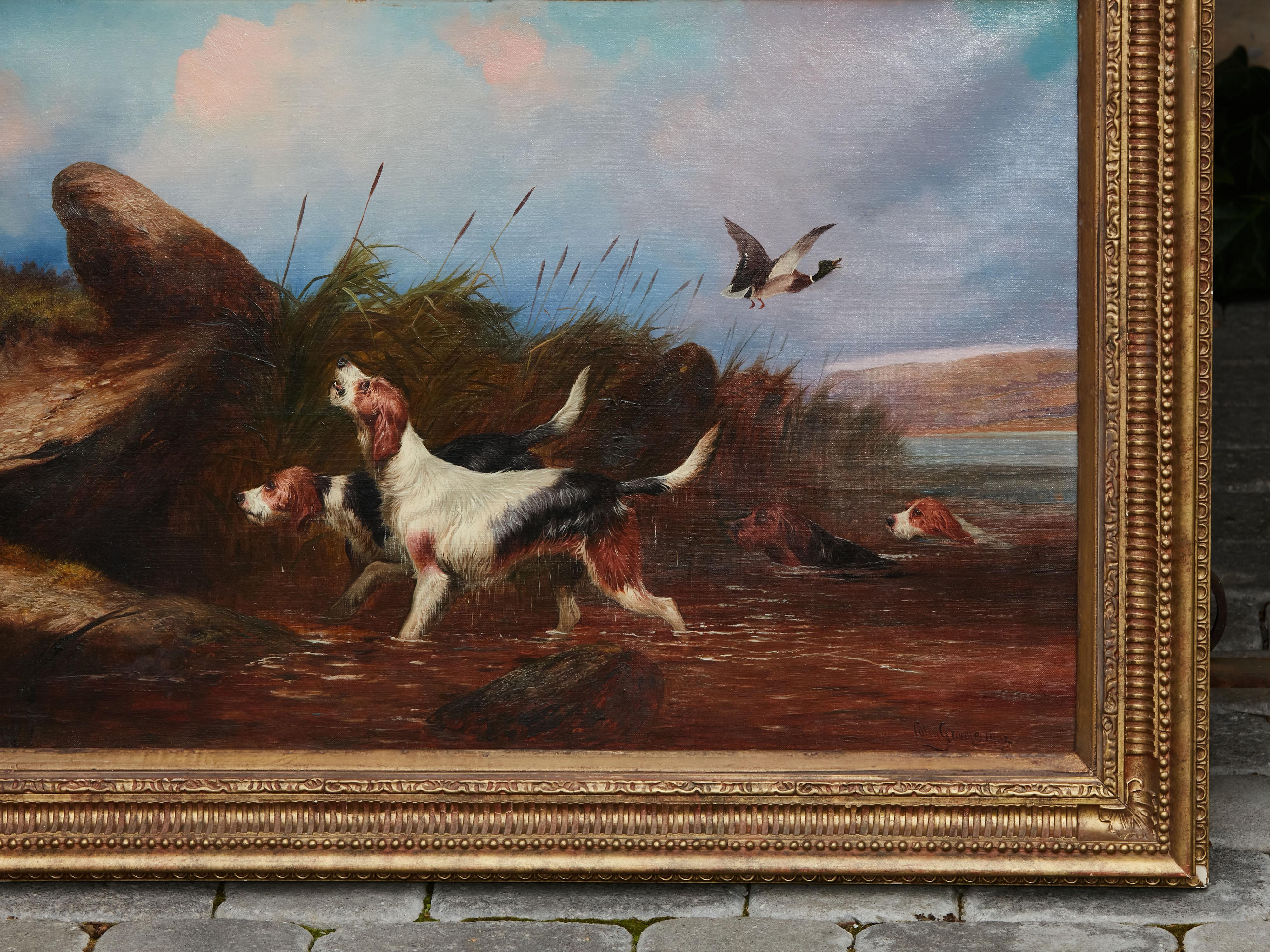 English Oil on Canvas Painting of Four Otterhounds in Gilt Frame Signed Colin Graeme Roe