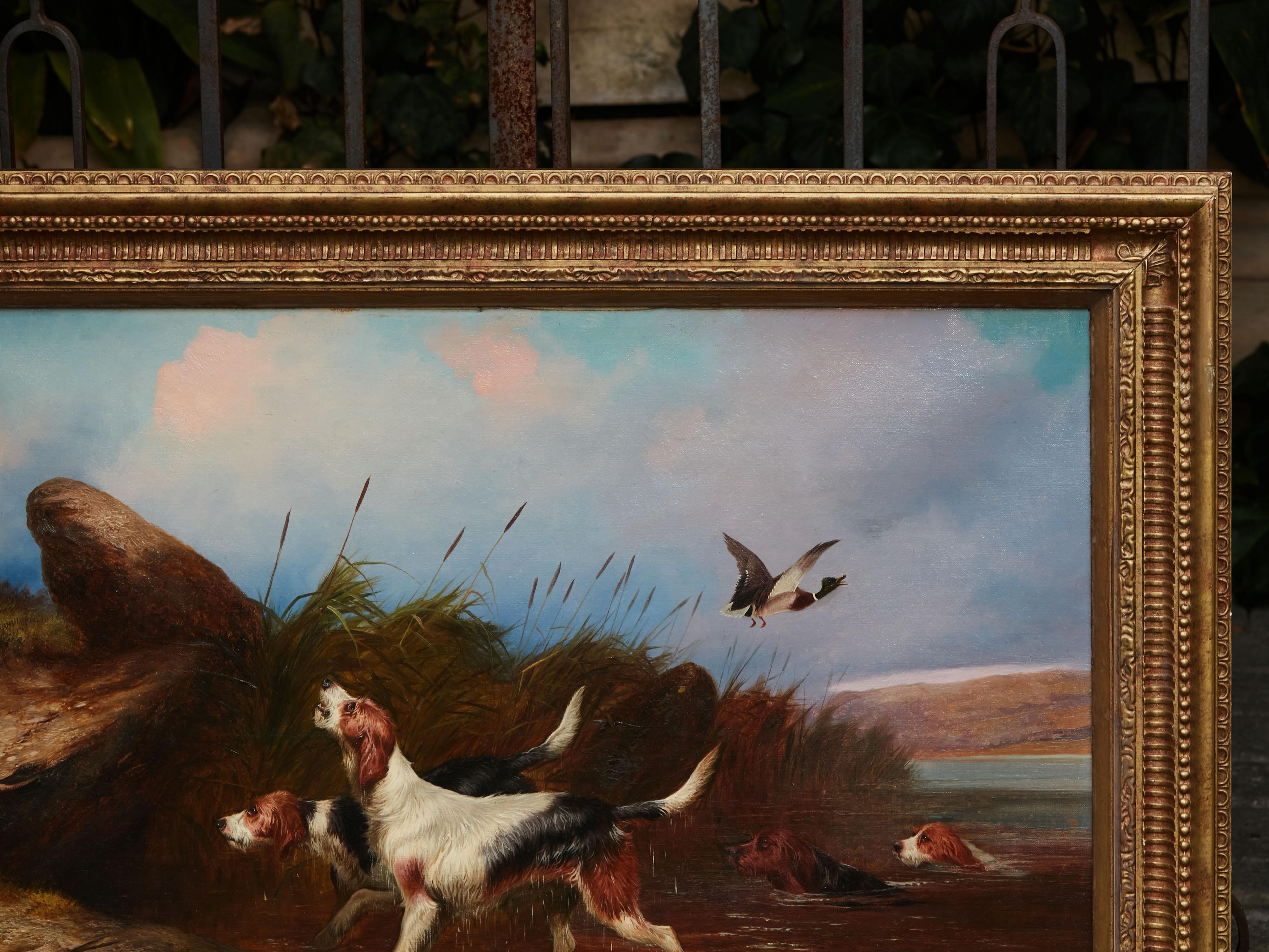 Carved Oil on Canvas Painting of Four Otterhounds in Gilt Frame Signed Colin Graeme Roe