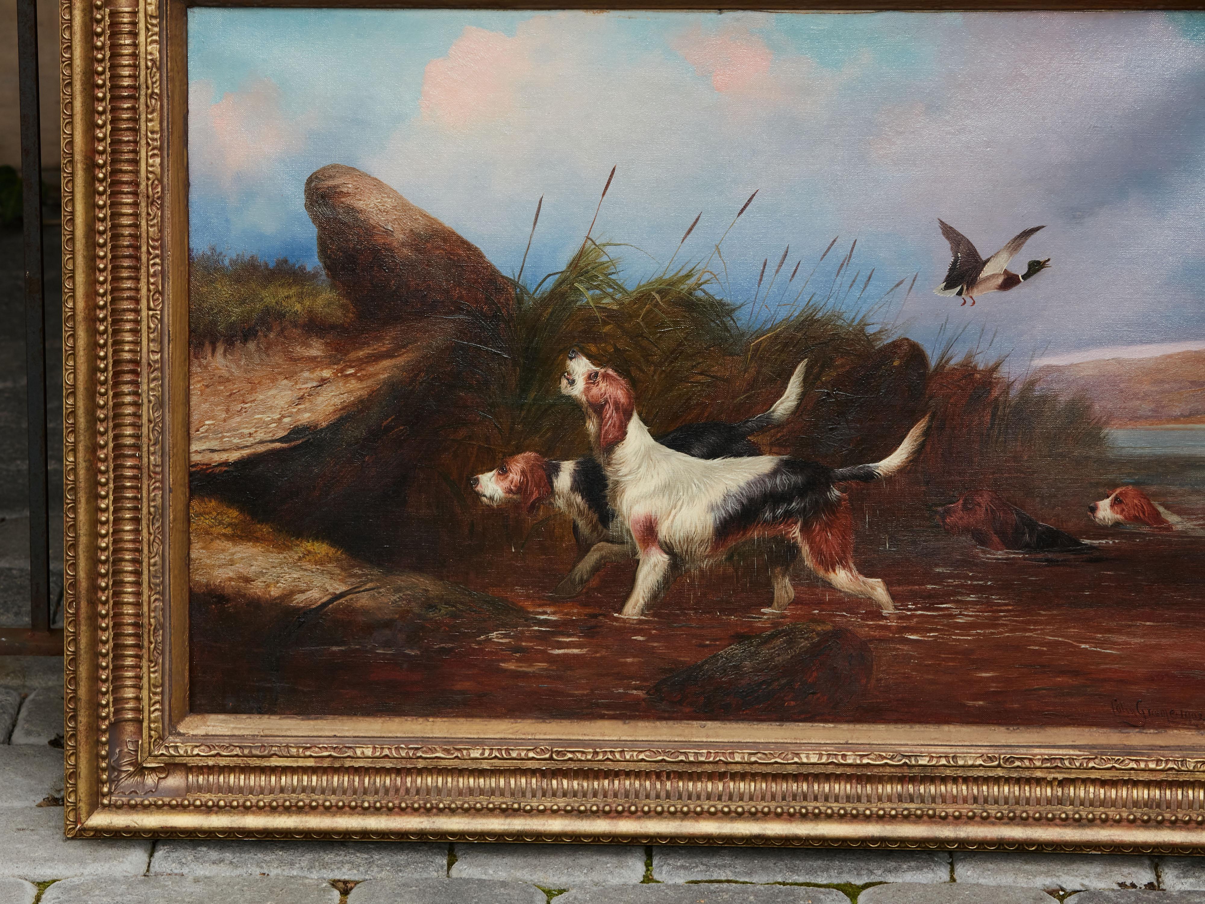 Oil on Canvas Painting of Four Otterhounds in Gilt Frame Signed Colin Graeme Roe In Good Condition In Atlanta, GA