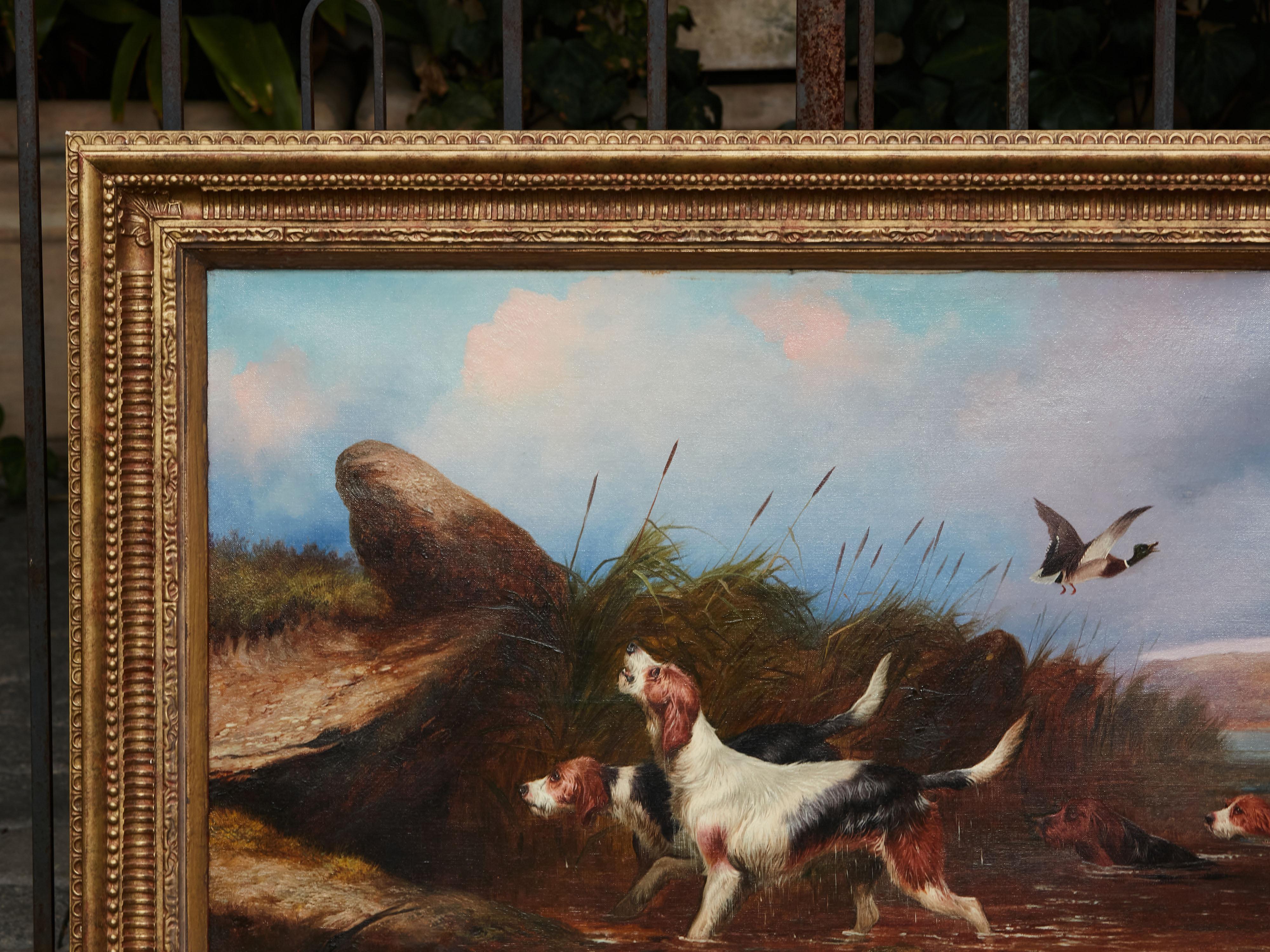 20th Century Oil on Canvas Painting of Four Otterhounds in Gilt Frame Signed Colin Graeme Roe