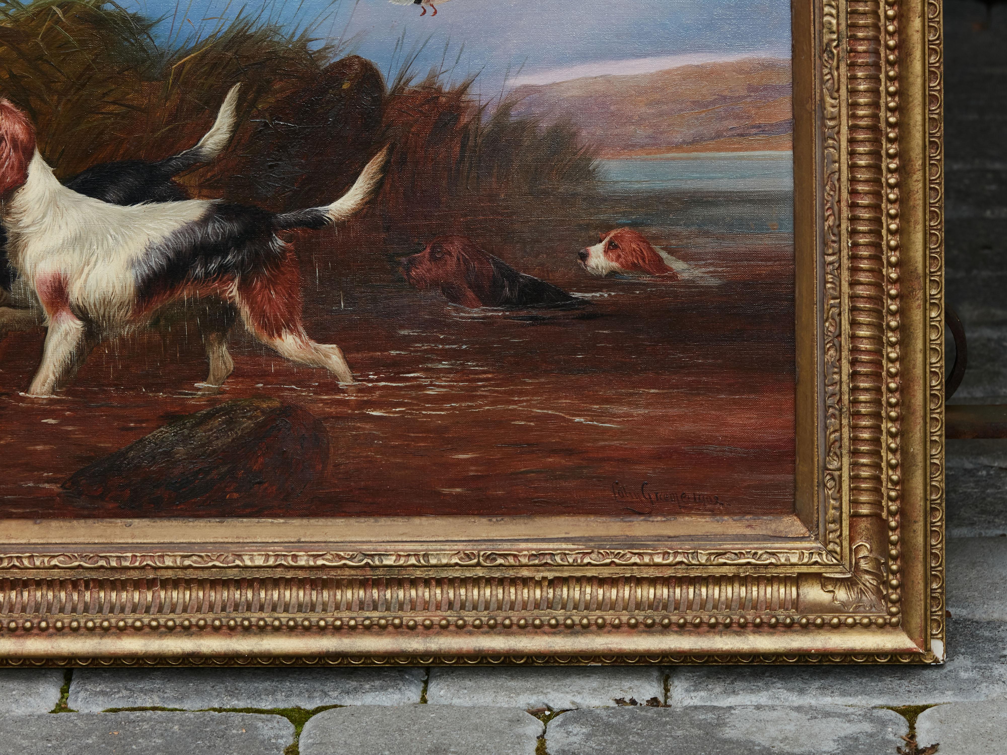 Oil on Canvas Painting of Four Otterhounds in Gilt Frame Signed Colin Graeme Roe 1
