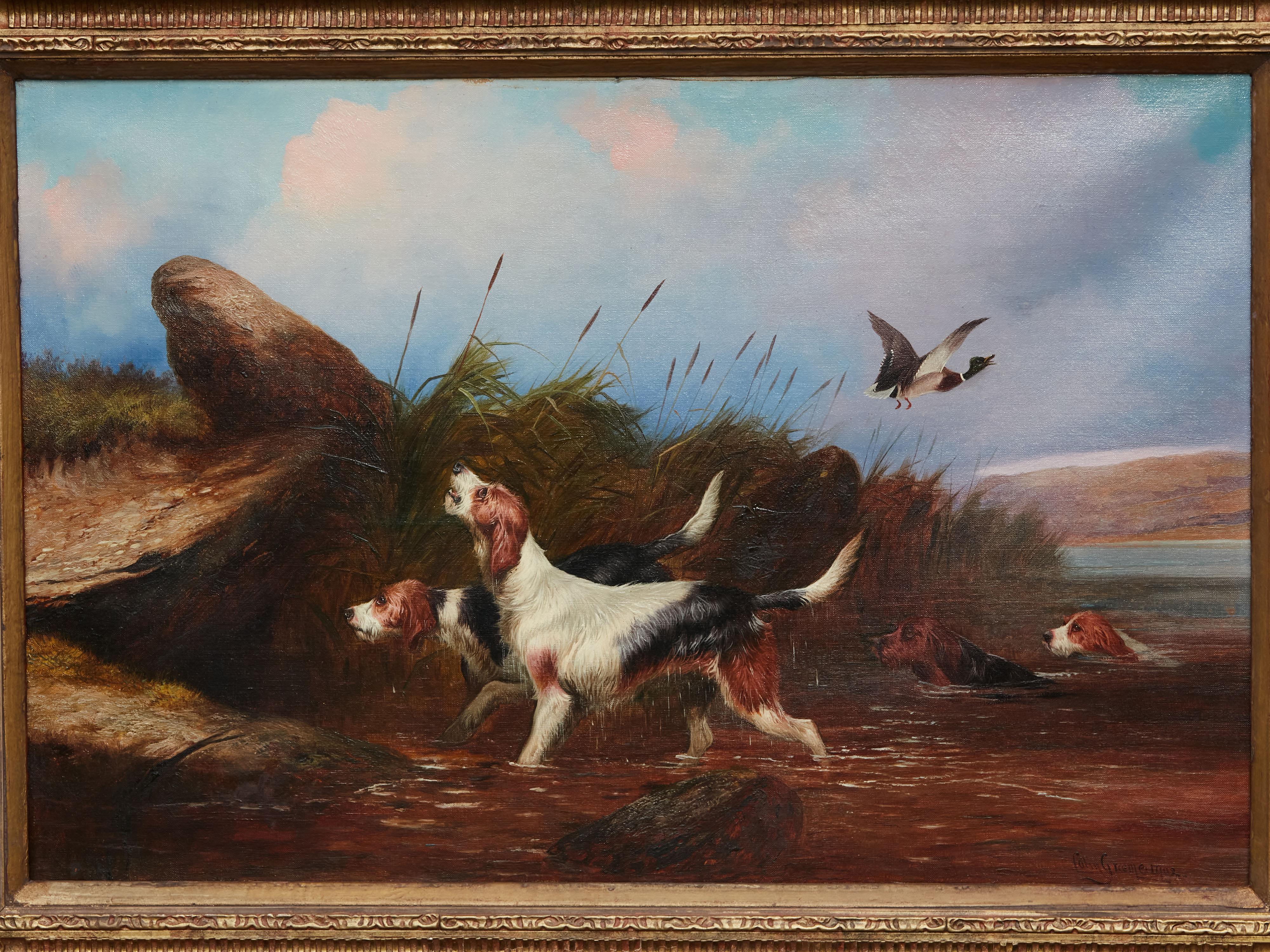 Oil on Canvas Painting of Four Otterhounds in Gilt Frame Signed Colin Graeme Roe 2