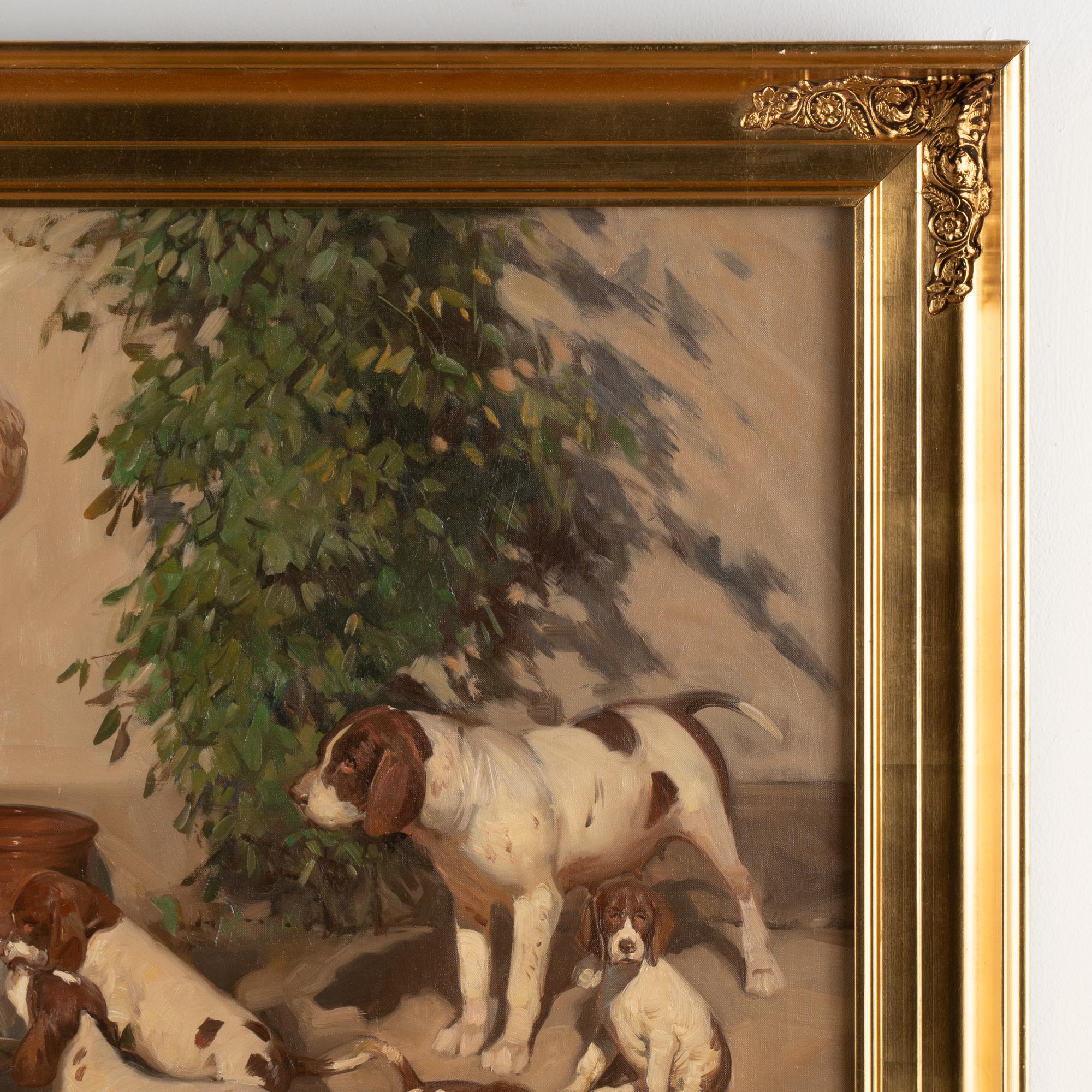 Oil on Canvas Painting of Gentleman Dog/Puppies Signed Knud Edsberg 1964 5