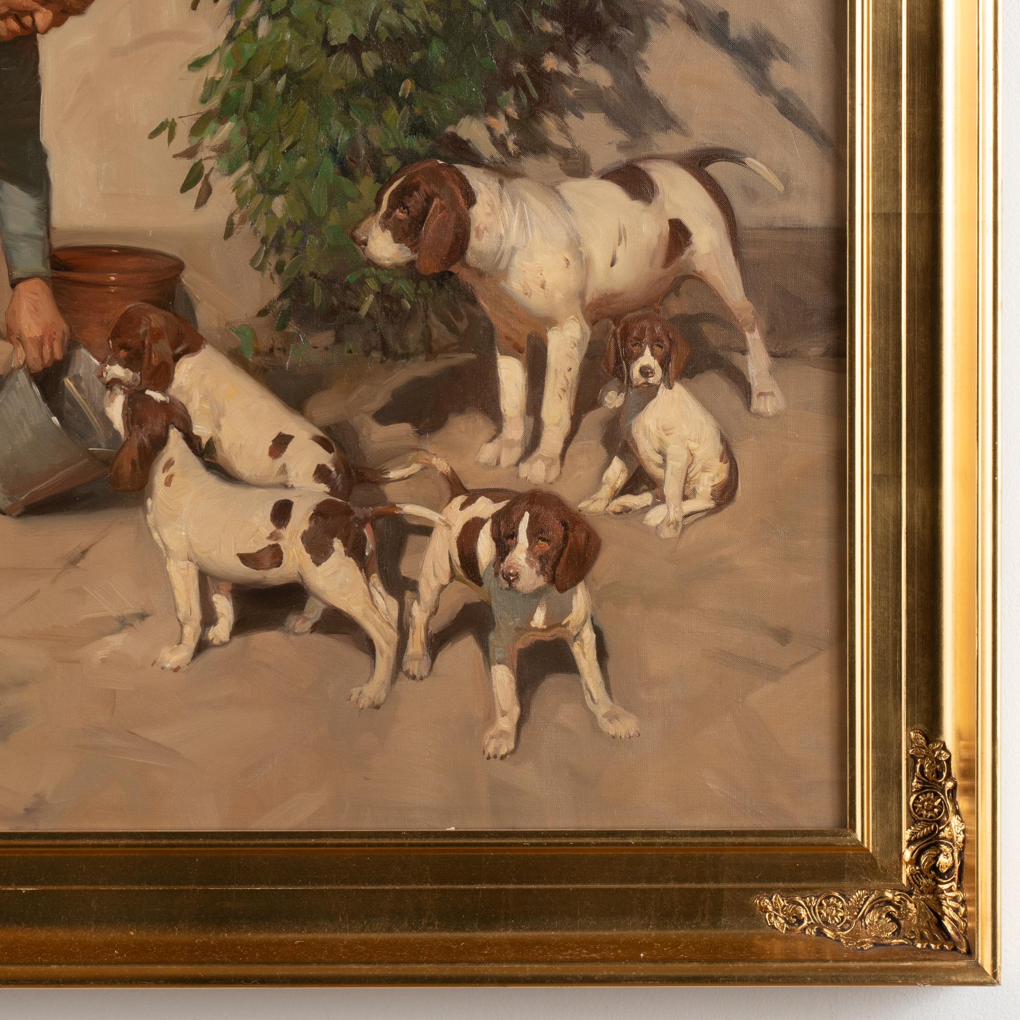 Oil on Canvas Painting of Gentleman Dog/Puppies Signed Knud Edsberg 1964 6