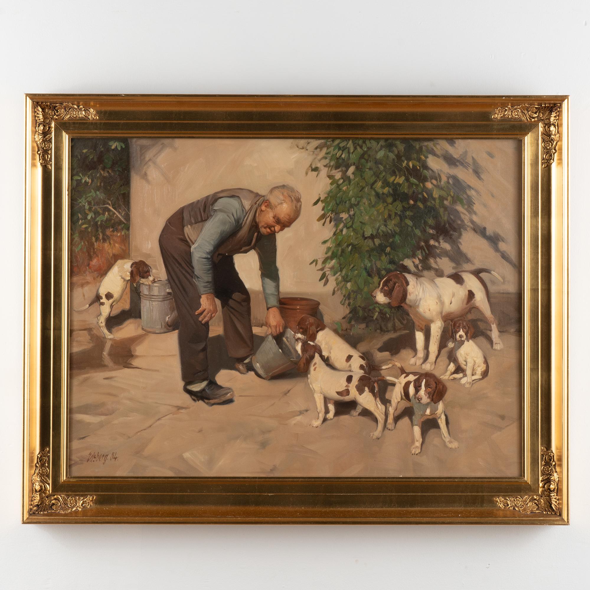 A delightful painting of older gentleman with five puppies and their mother by the well-known Danish artist Knud Edsberg (1911-2003).
Condition: Canvas and frame in good age related condition. Minor scuffs, dings to frame.
Knud Edsberg, 1911