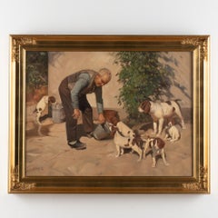 Oil on Canvas Painting of Gentleman Dog/Puppies Signed Knud Edsberg 1964