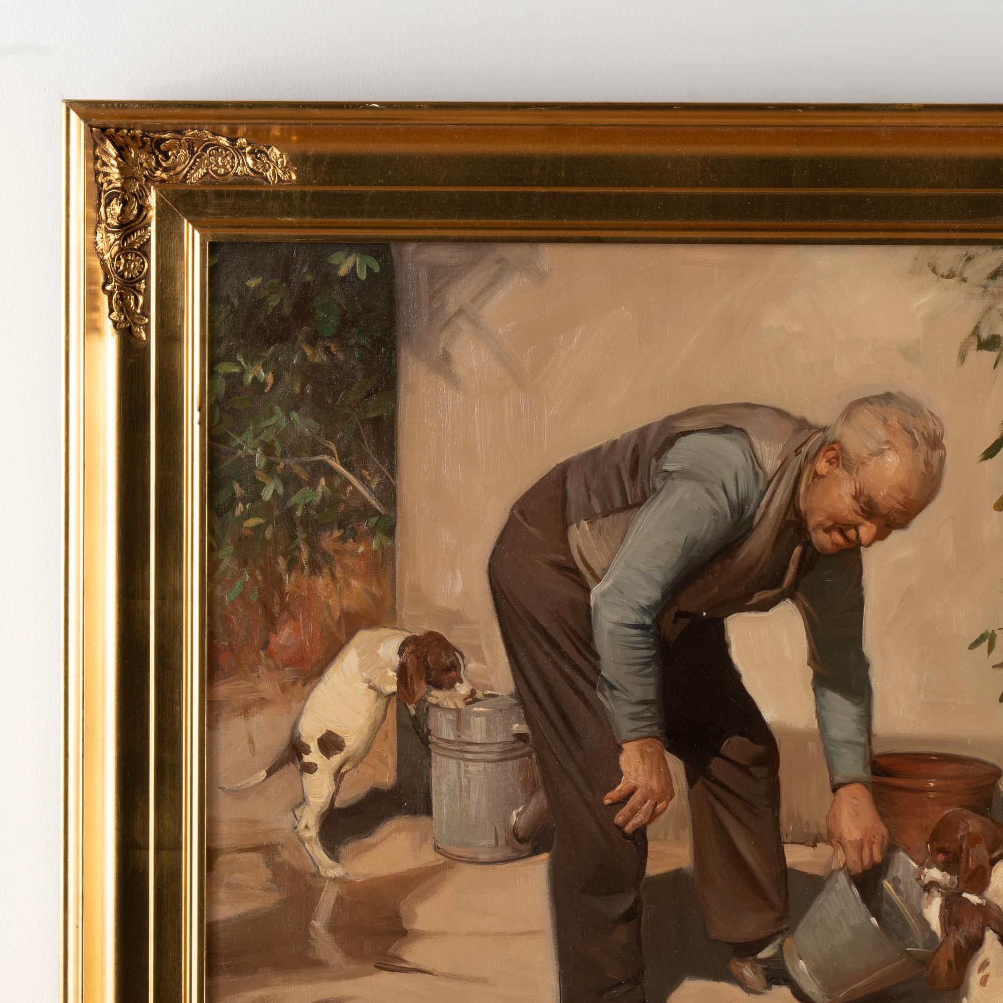 Danish Oil on Canvas Painting of Gentleman Dog/Puppies Signed Knud Edsberg 1964