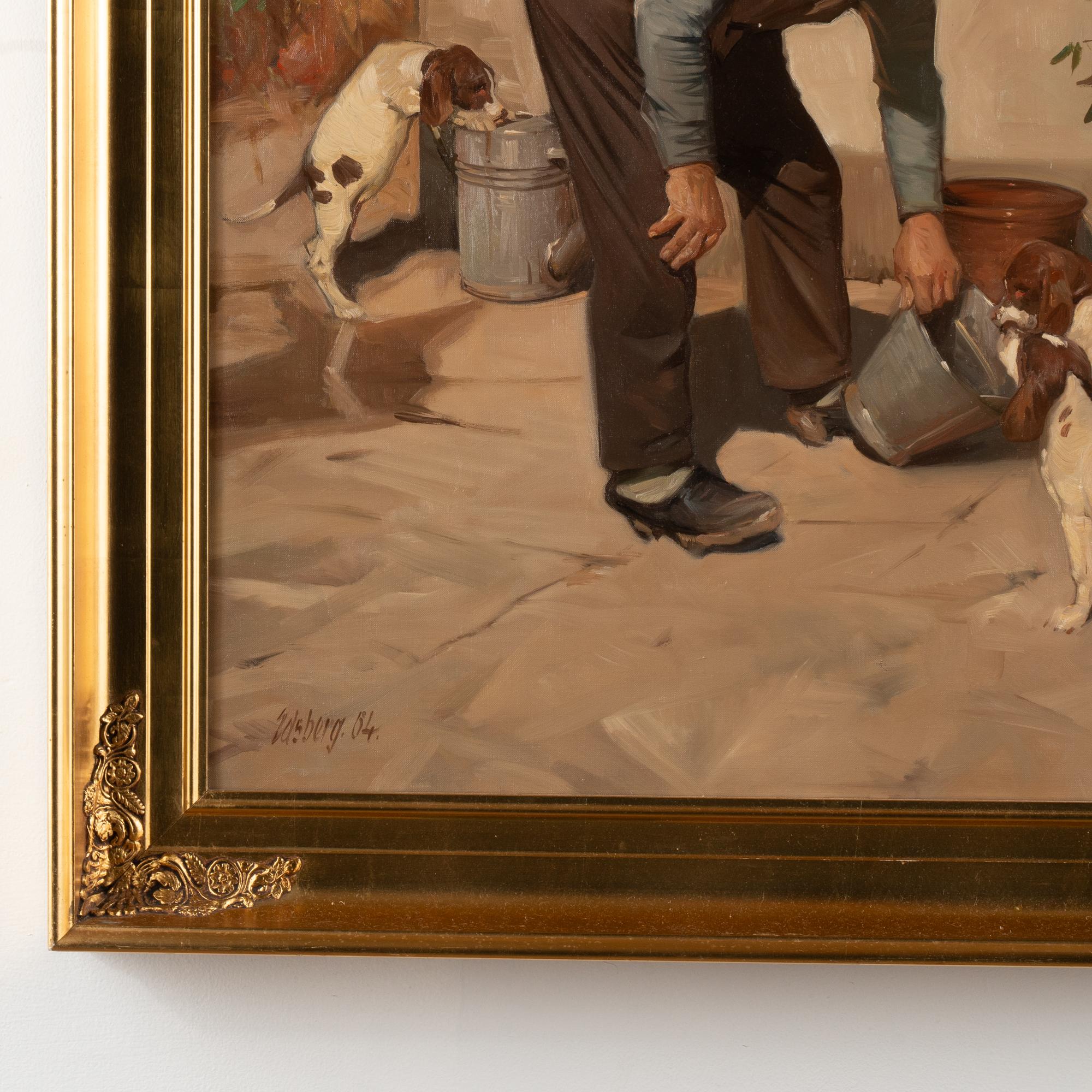Oil on Canvas Painting of Gentleman Dog/Puppies Signed Knud Edsberg 1964 In Good Condition In Round Top, TX