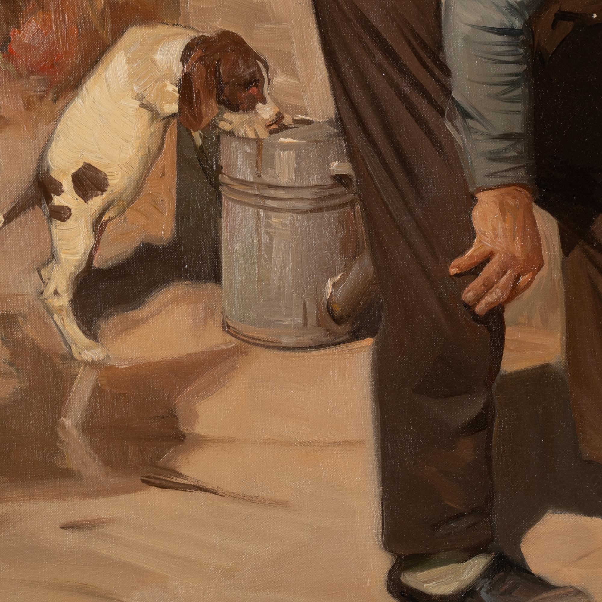 Oil on Canvas Painting of Gentleman Dog/Puppies Signed Knud Edsberg 1964 1