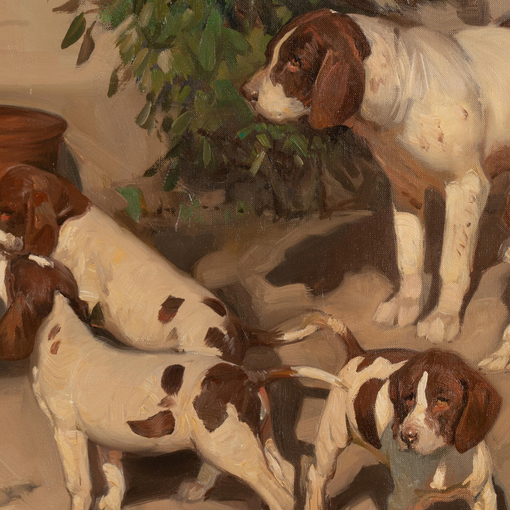 Oil on Canvas Painting of Gentleman Dog/Puppies Signed Knud Edsberg 1964 2
