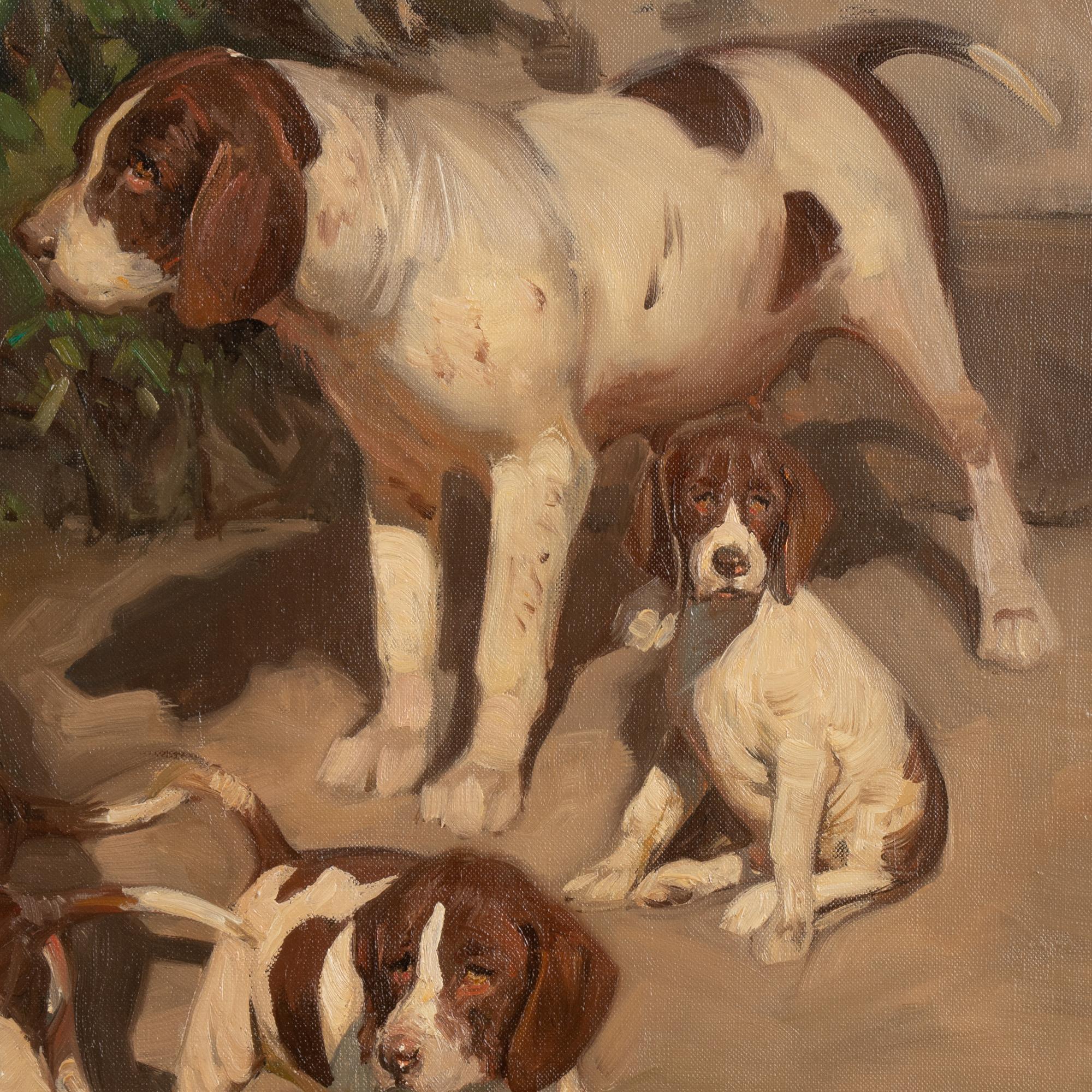Oil on Canvas Painting of Gentleman Dog/Puppies Signed Knud Edsberg 1964 3
