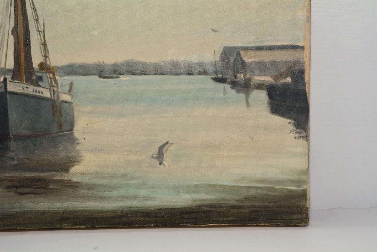 American Oil on Canvas Painting of Harbor Scene Signed
