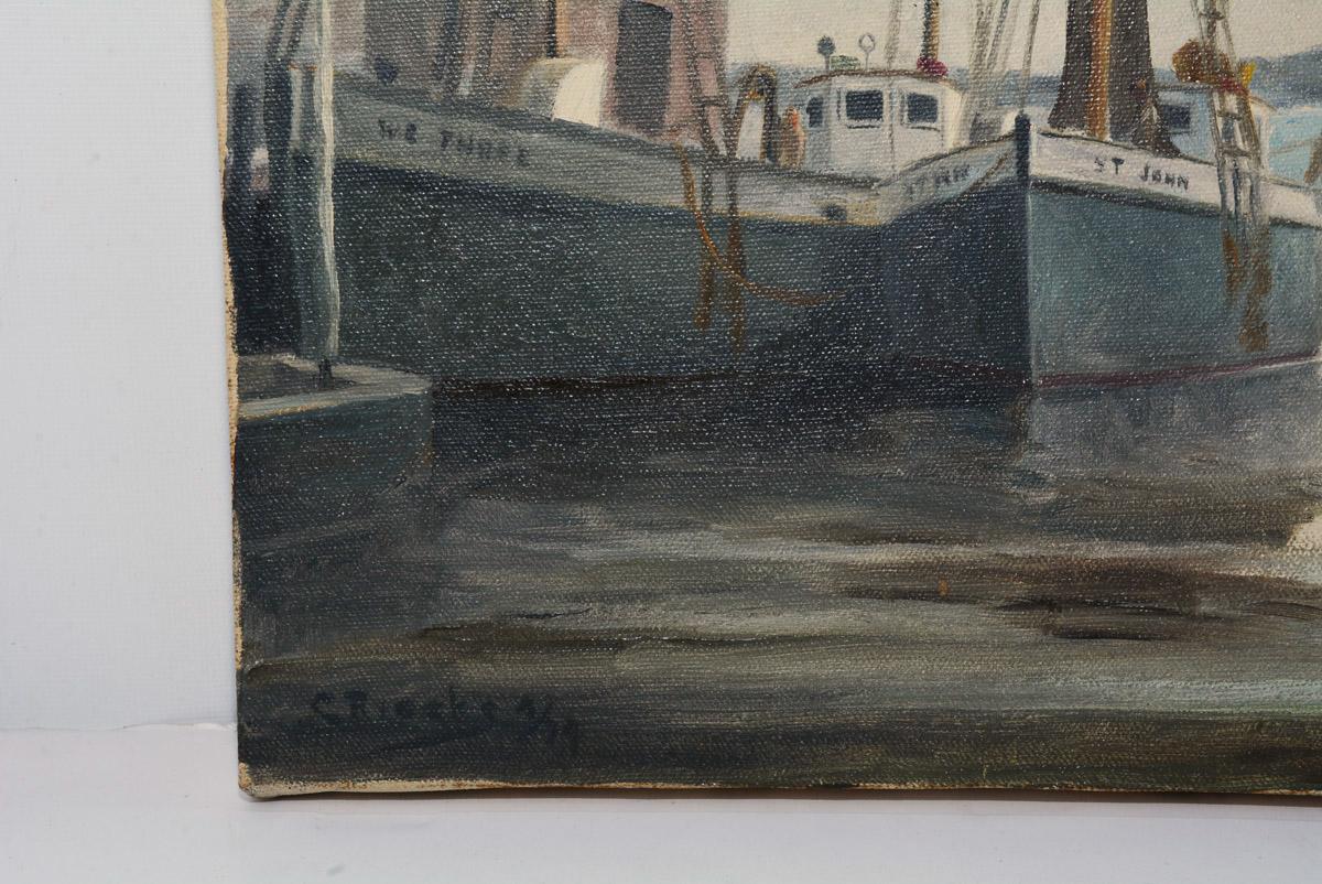 Hand-Painted Oil on Canvas Painting of Harbor Scene Signed