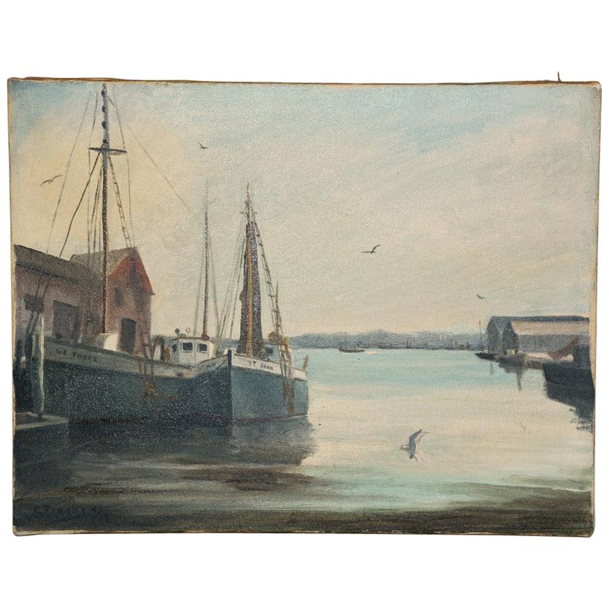 Oil on Canvas Painting of Harbor Scene Signed