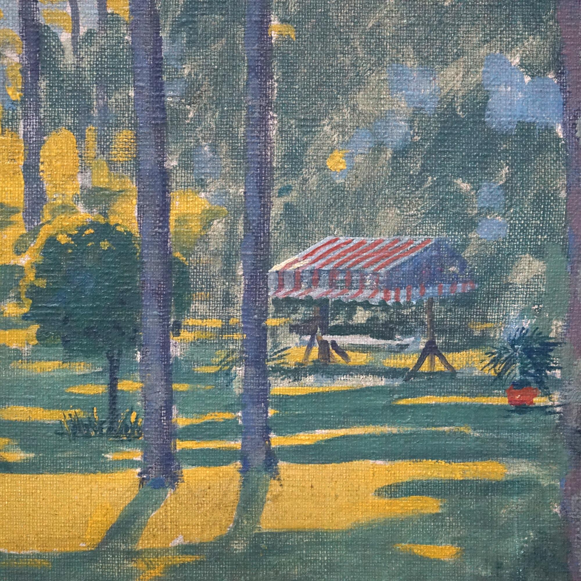 Öl auf Leinwand Gemälde eines Hauses von Herman Peterson mit neucomb Macklin-Rahmen, Öl auf Leinwand  (Arts and Crafts) im Angebot