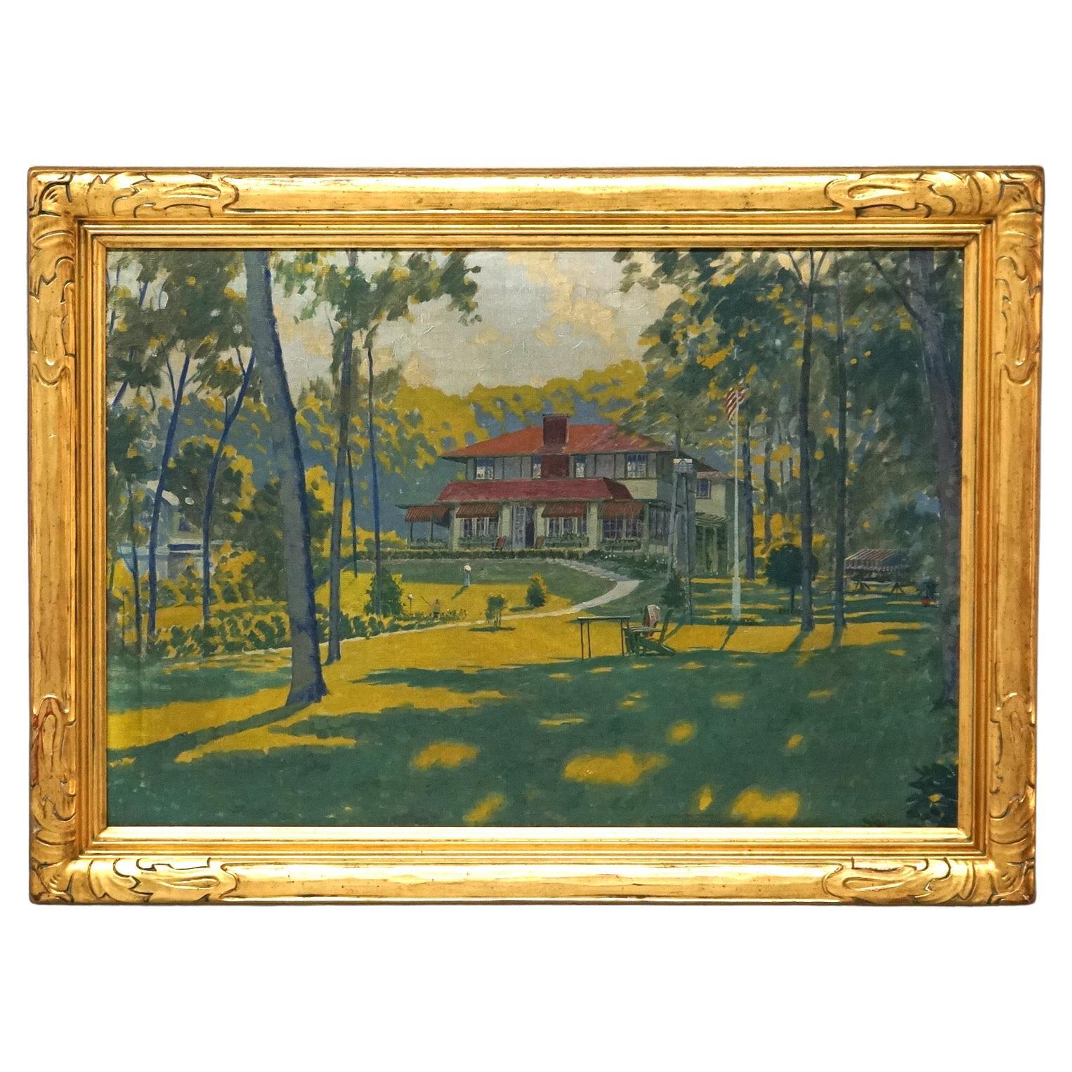 Oil On Canvas “Painting Of House” By Herman Peterson with Newcomb Macklin Frame  For Sale