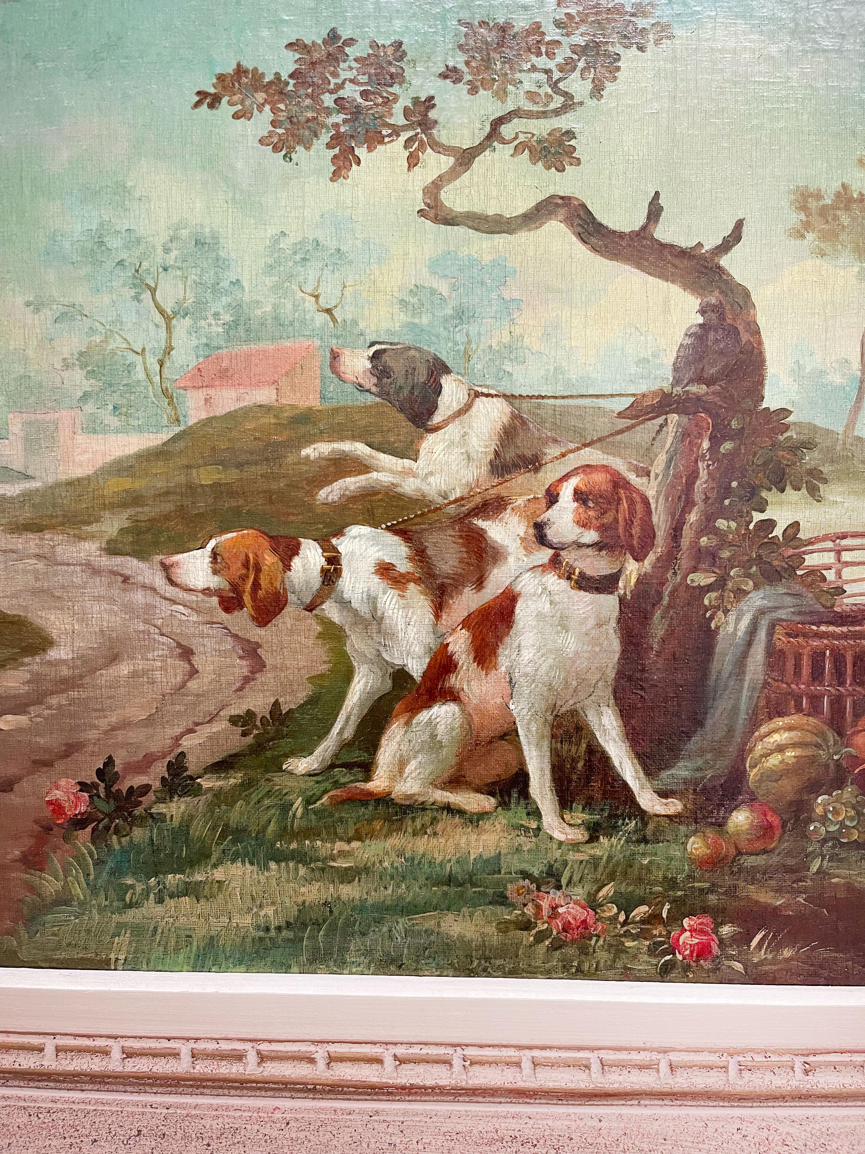 Oil On Canvas Painting Of Leashed Hounds Tied To A Tree, France, 18th Century 

Follower Of Alexandre-François Desportes (Champigneule 1661-1743 Paris)

Please Note: the frame is 1900

Frame: 26-1/2