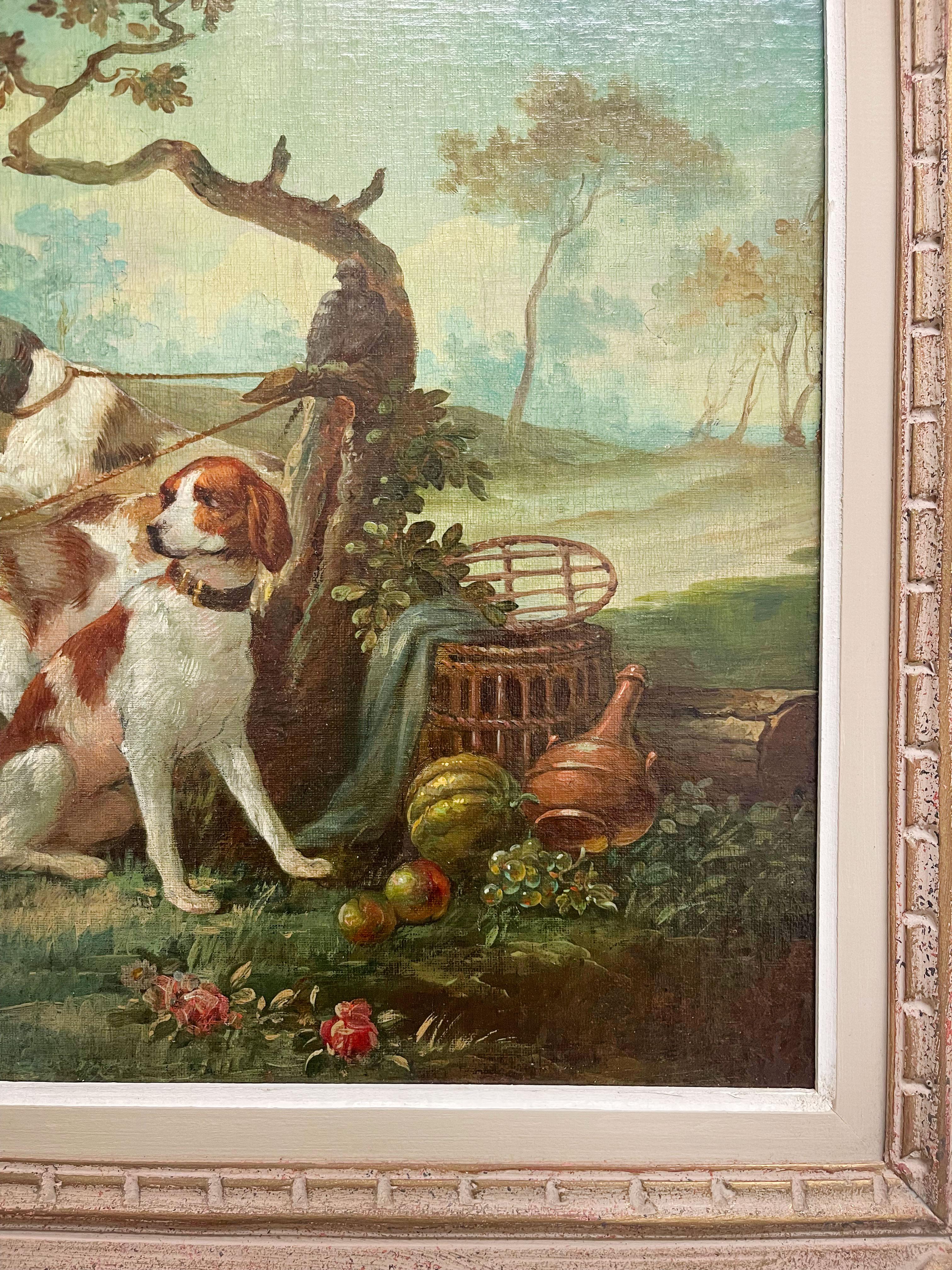 French Oil on Canvas Painting of Leashed Hounds Tied to a Tree, France, 18th Century For Sale