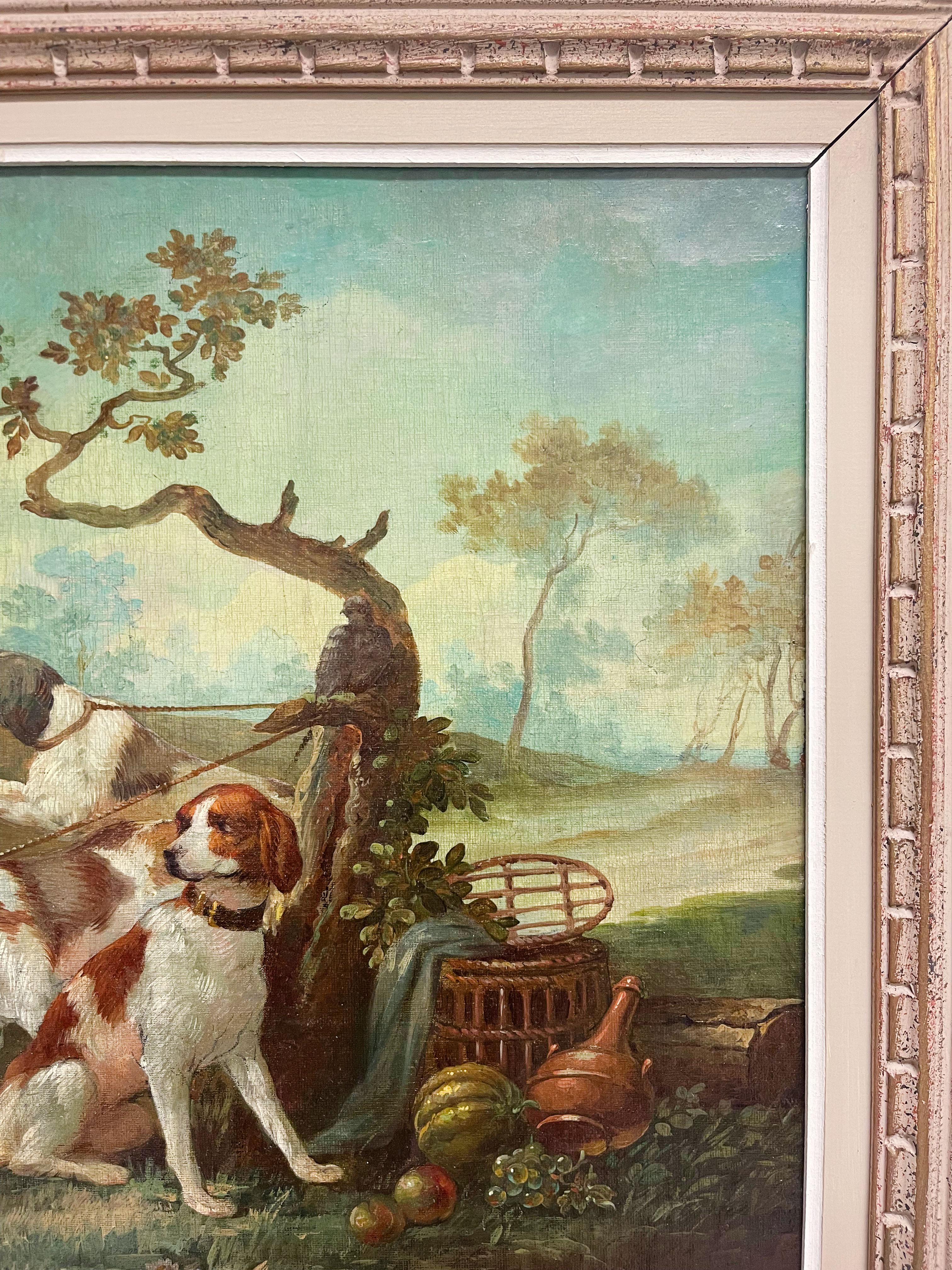 Hand-Painted Oil on Canvas Painting of Leashed Hounds Tied to a Tree, France, 18th Century For Sale