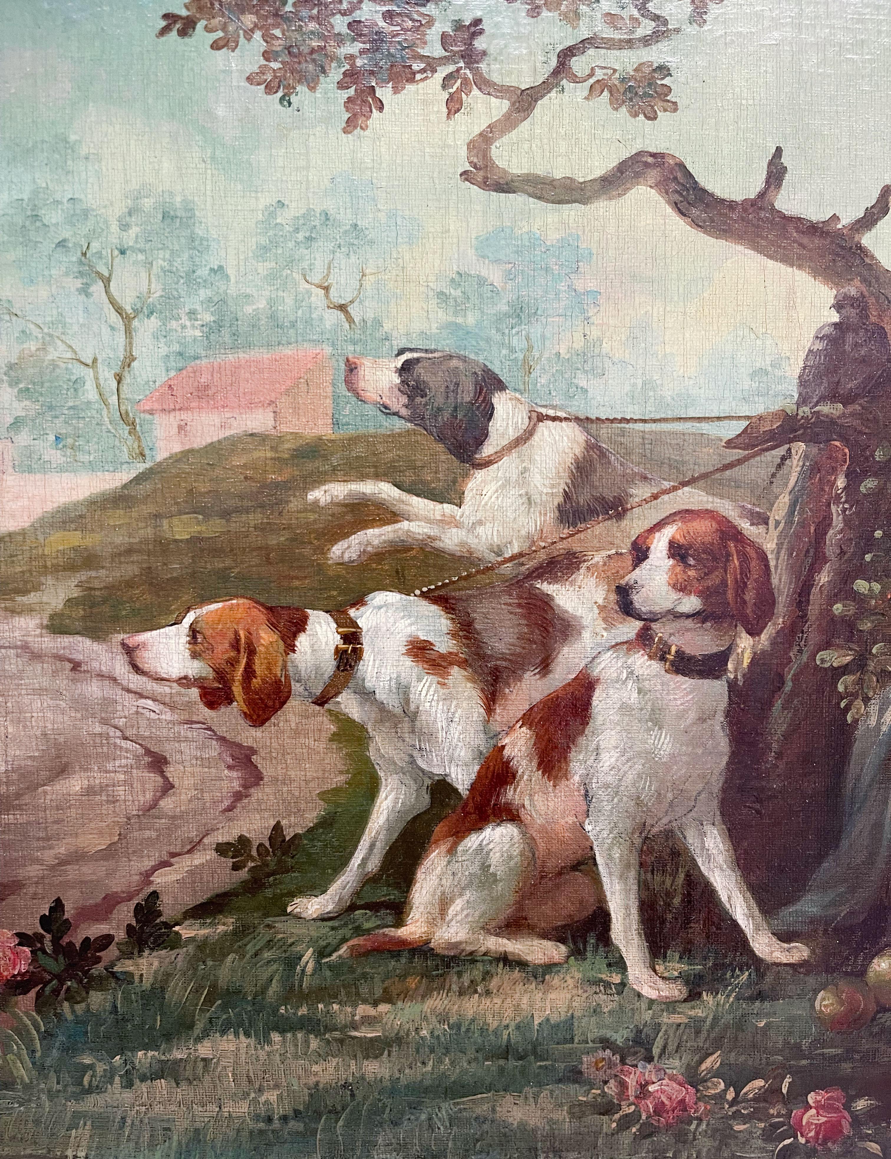 Oil on Canvas Painting of Leashed Hounds Tied to a Tree, France, 18th Century In Good Condition For Sale In Pasadena, CA
