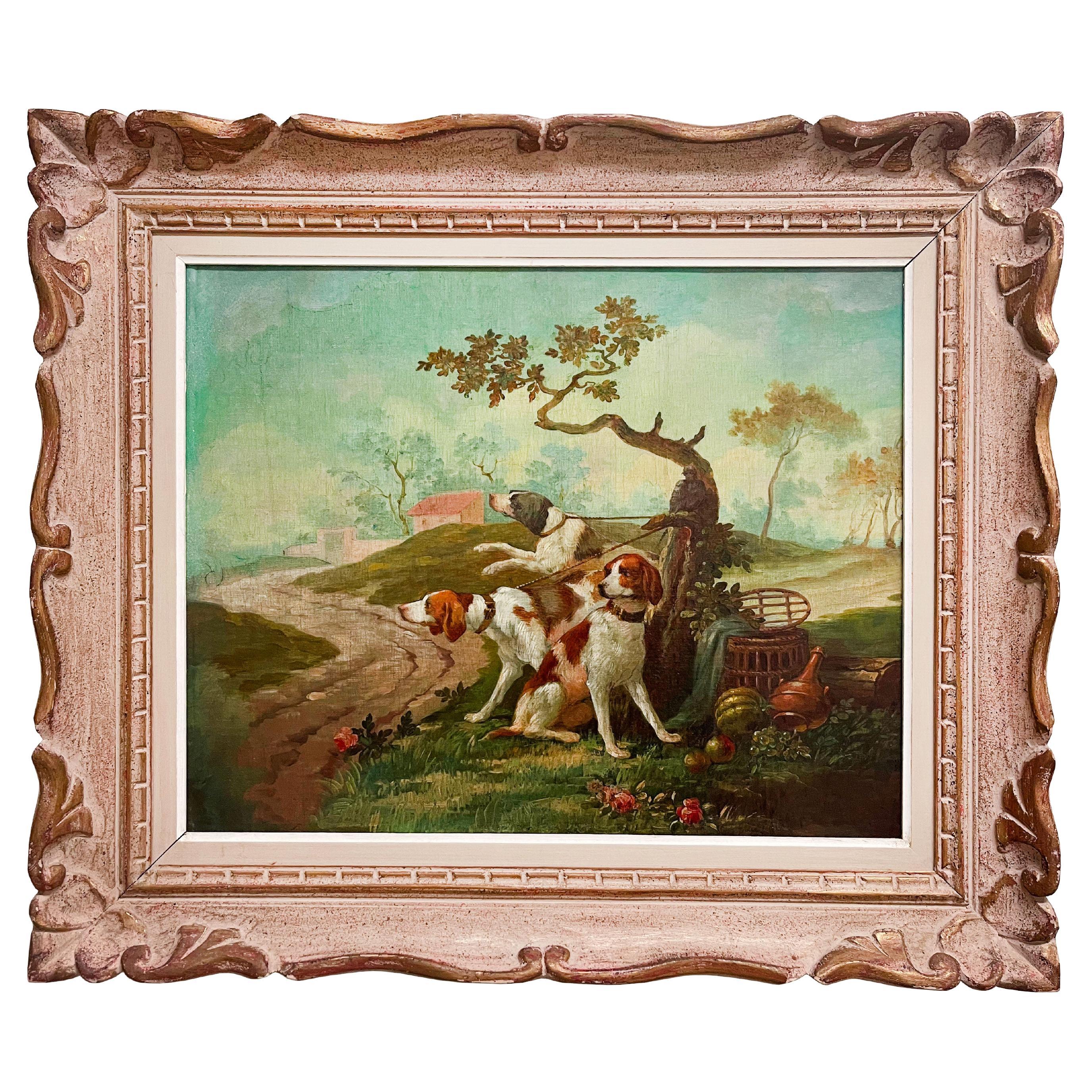 Oil on Canvas Painting of Leashed Hounds Tied to a Tree, France, 18th Century For Sale