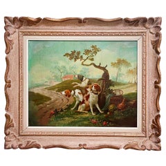 Peinture à l'huile sur toile d'un chien de chasse en cuir attaché à un arbre, France, 18e siècle
