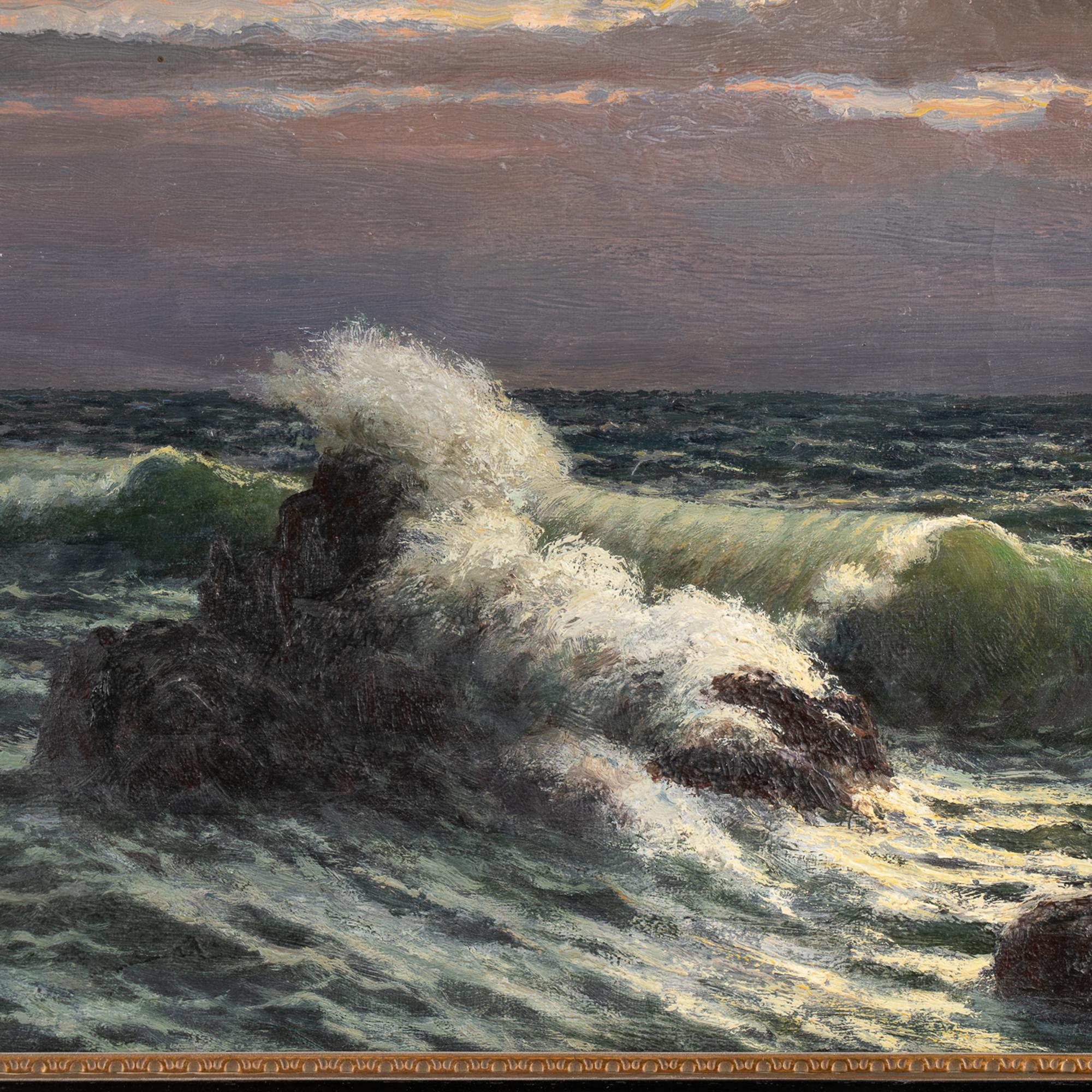 Français Peinture à l'huile sur toile représentant des vagues océaniques éclairées, signée Morel de Tanguy, 1923 en vente
