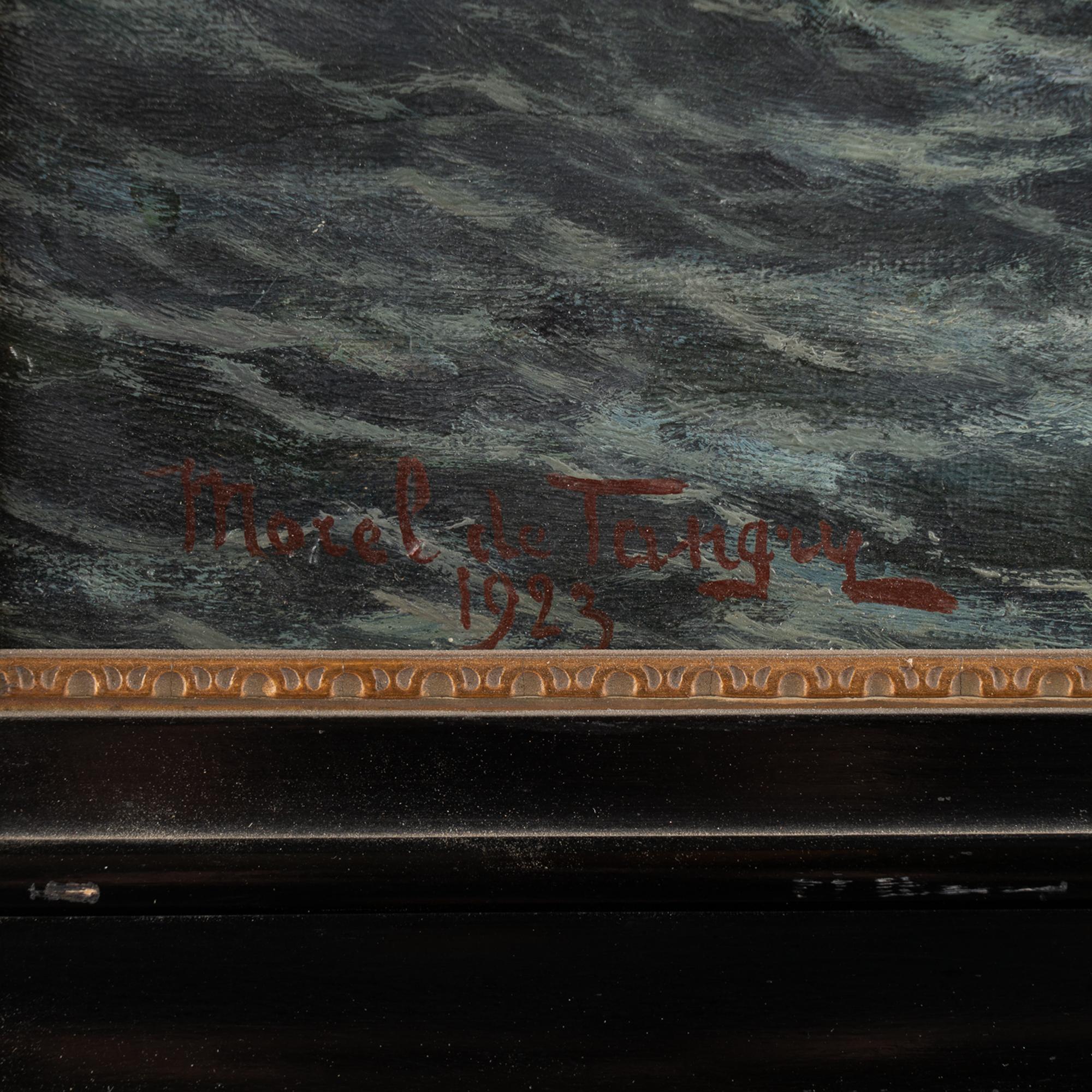Toile Peinture à l'huile sur toile représentant des vagues océaniques éclairées, signée Morel de Tanguy, 1923 en vente
