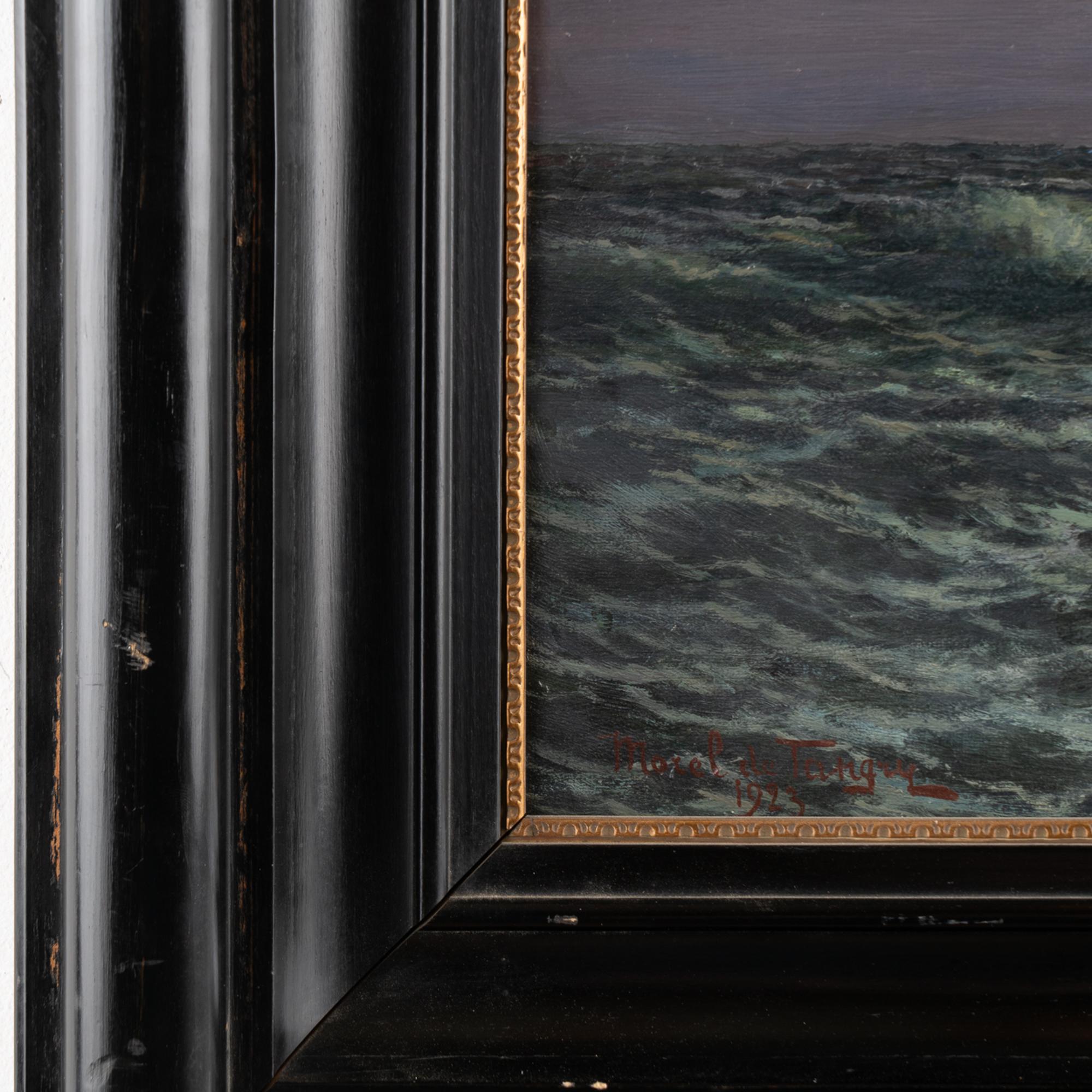 Peinture à l'huile sur toile représentant des vagues océaniques éclairées, signée Morel de Tanguy, 1923 en vente 1