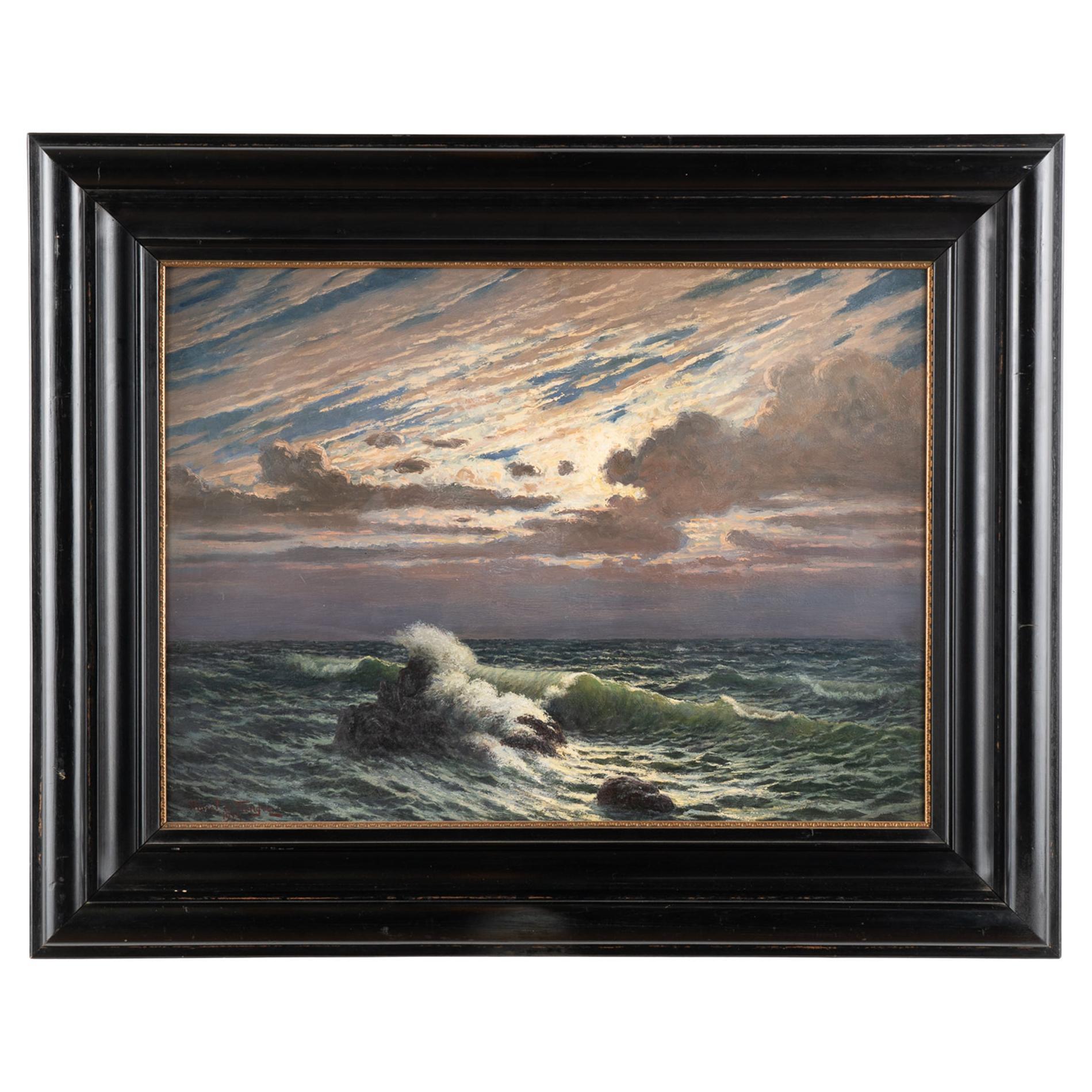 Peinture à l'huile sur toile représentant des vagues océaniques éclairées, signée Morel de Tanguy, 1923 en vente
