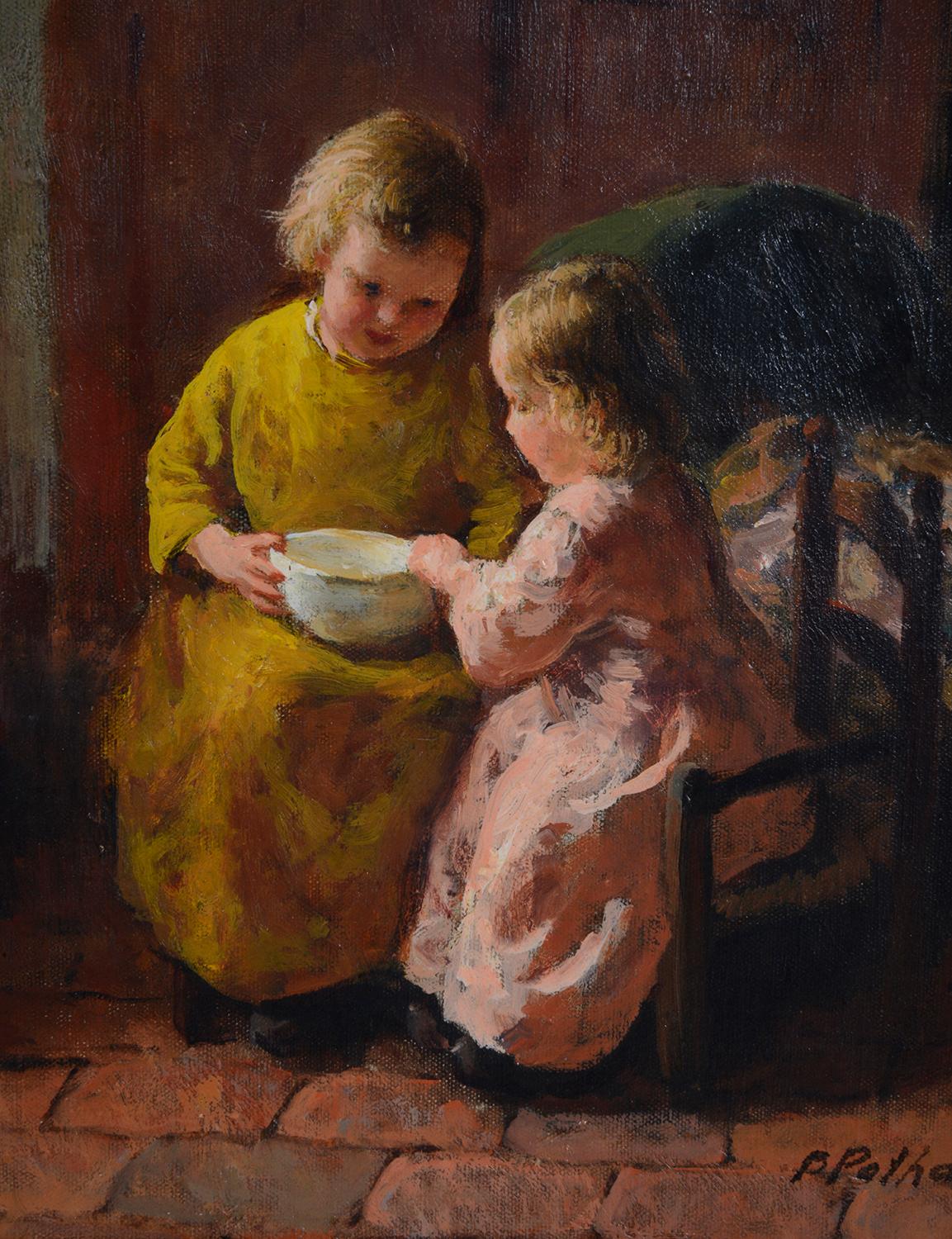 Belgian Oil on Canvas Painting of Mother and Child by Bernard Pothast, 19th Century