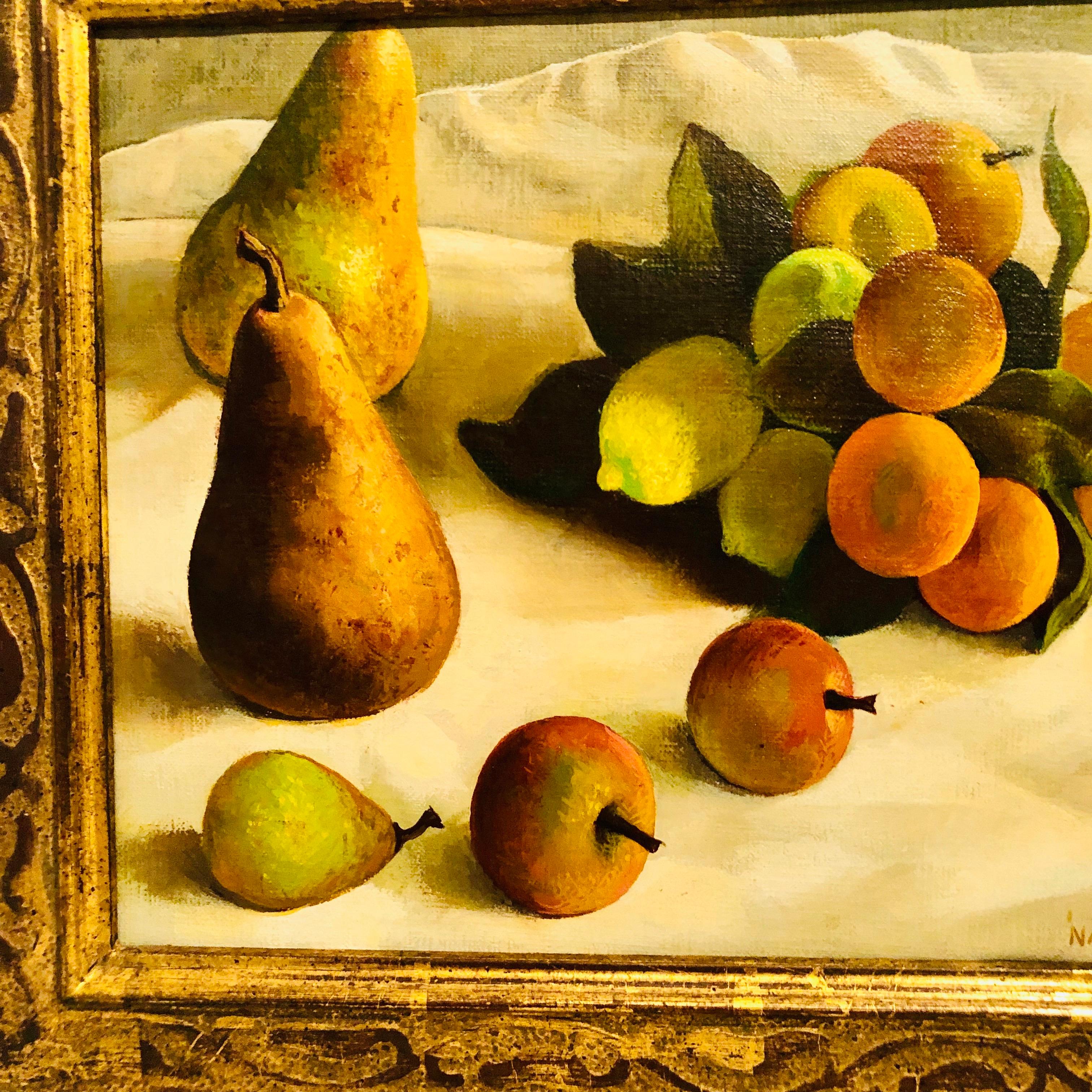 Oil on Canvas Painting of Pears and Other Fruits in a Gold Frame Signed Nadeau 1