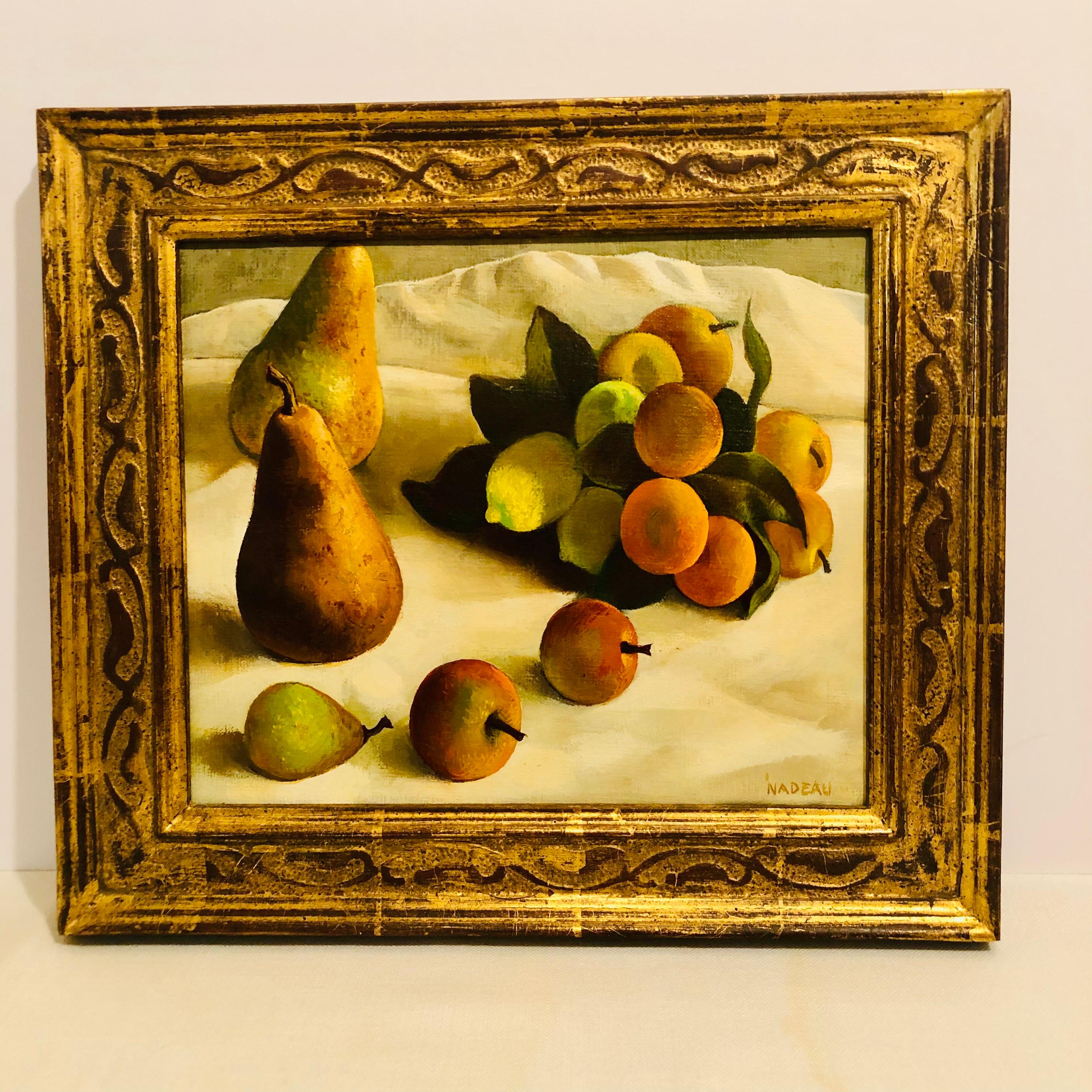 Oil on Canvas Painting of Pears and Other Fruits in a Gold Frame Signed Nadeau 2