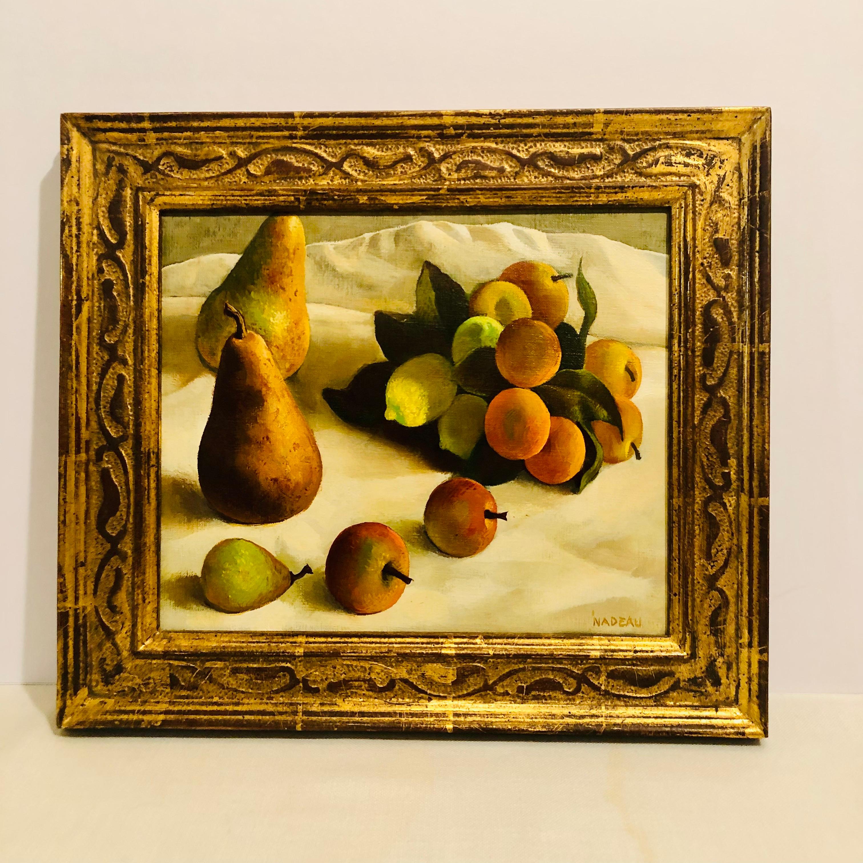 Oil on Canvas Painting of Pears and Other Fruits in a Gold Frame Signed Nadeau 3