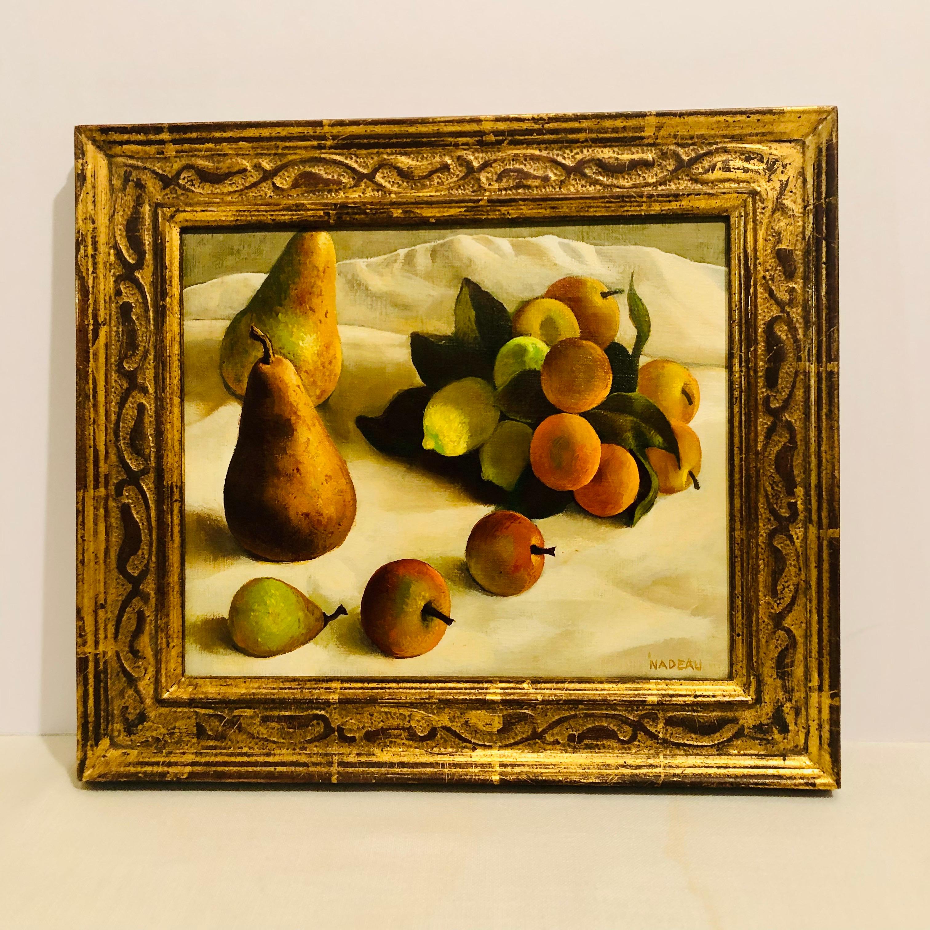 Oil on Canvas Painting of Pears and Other Fruits in a Gold Frame Signed Nadeau 4