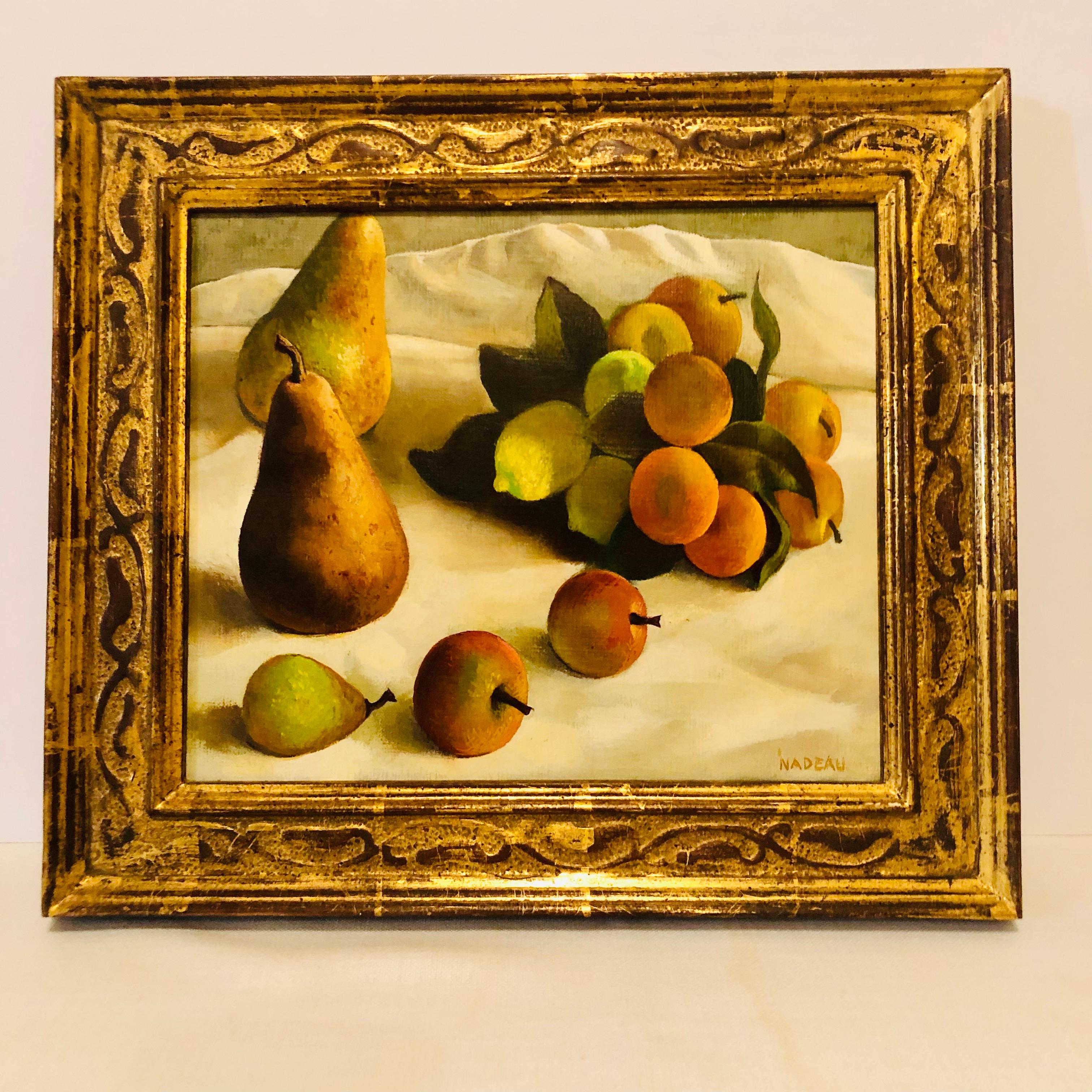 This is a stunning oil on canvas painting of pears and other fruits artist signed Nadeau. On the back of the painting, there is a card attached that says the painter is Thomas Nadeau, even though it was signed Nadeau on the painting. Thomas Nadeau