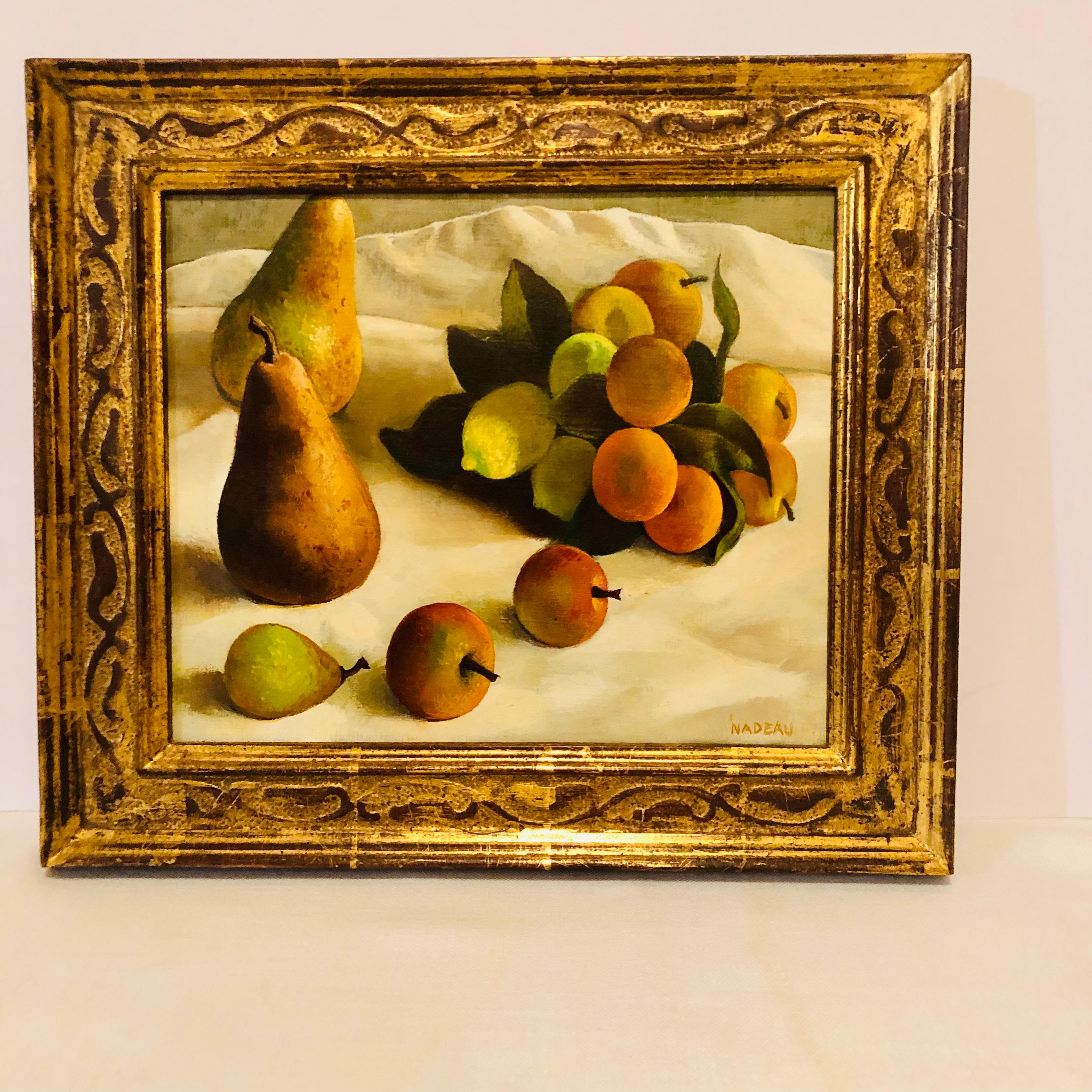 American Oil on Canvas Painting of Pears and Other Fruits in a Gold Frame Signed Nadeau