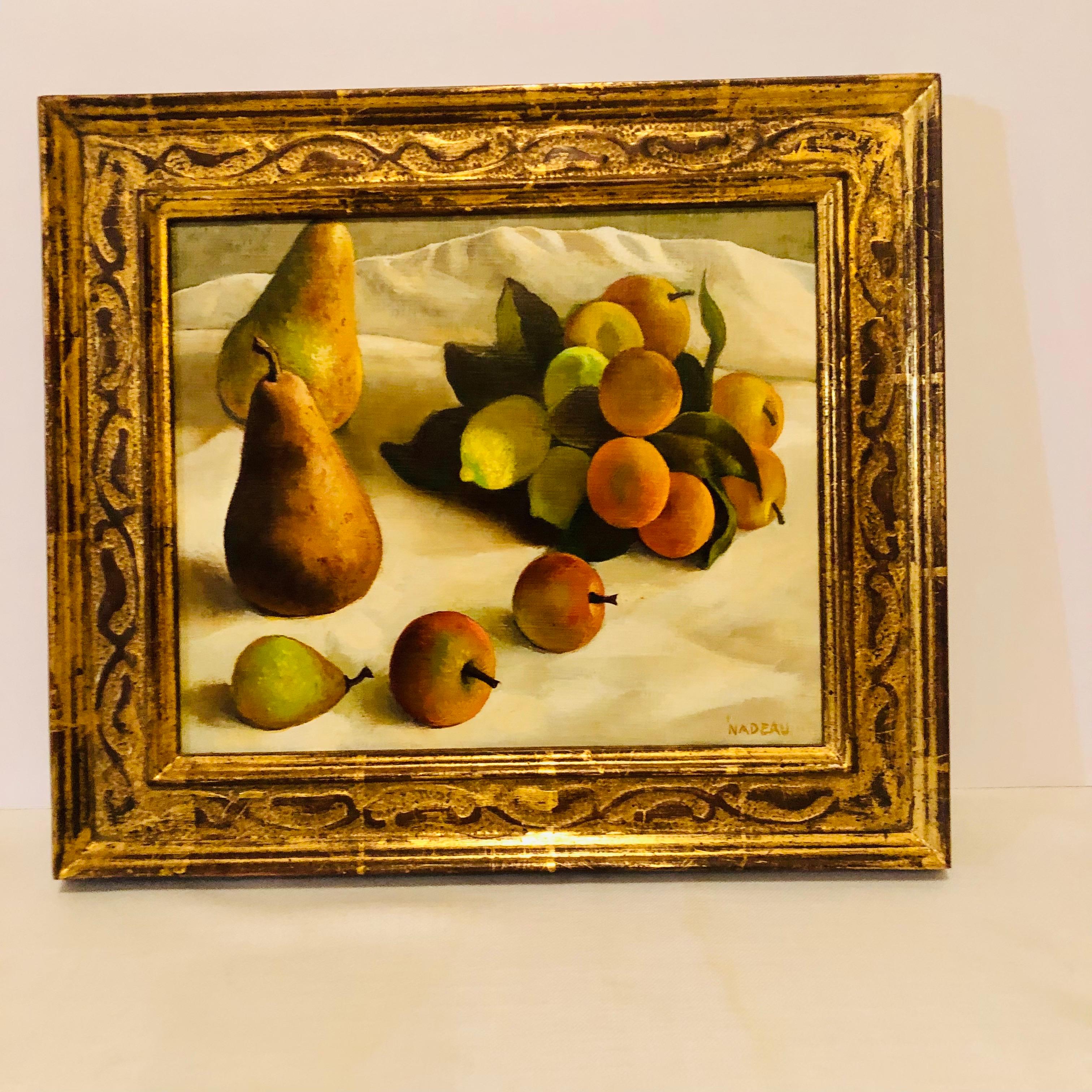 Hand-Painted Oil on Canvas Painting of Pears and Other Fruits in a Gold Frame Signed Nadeau