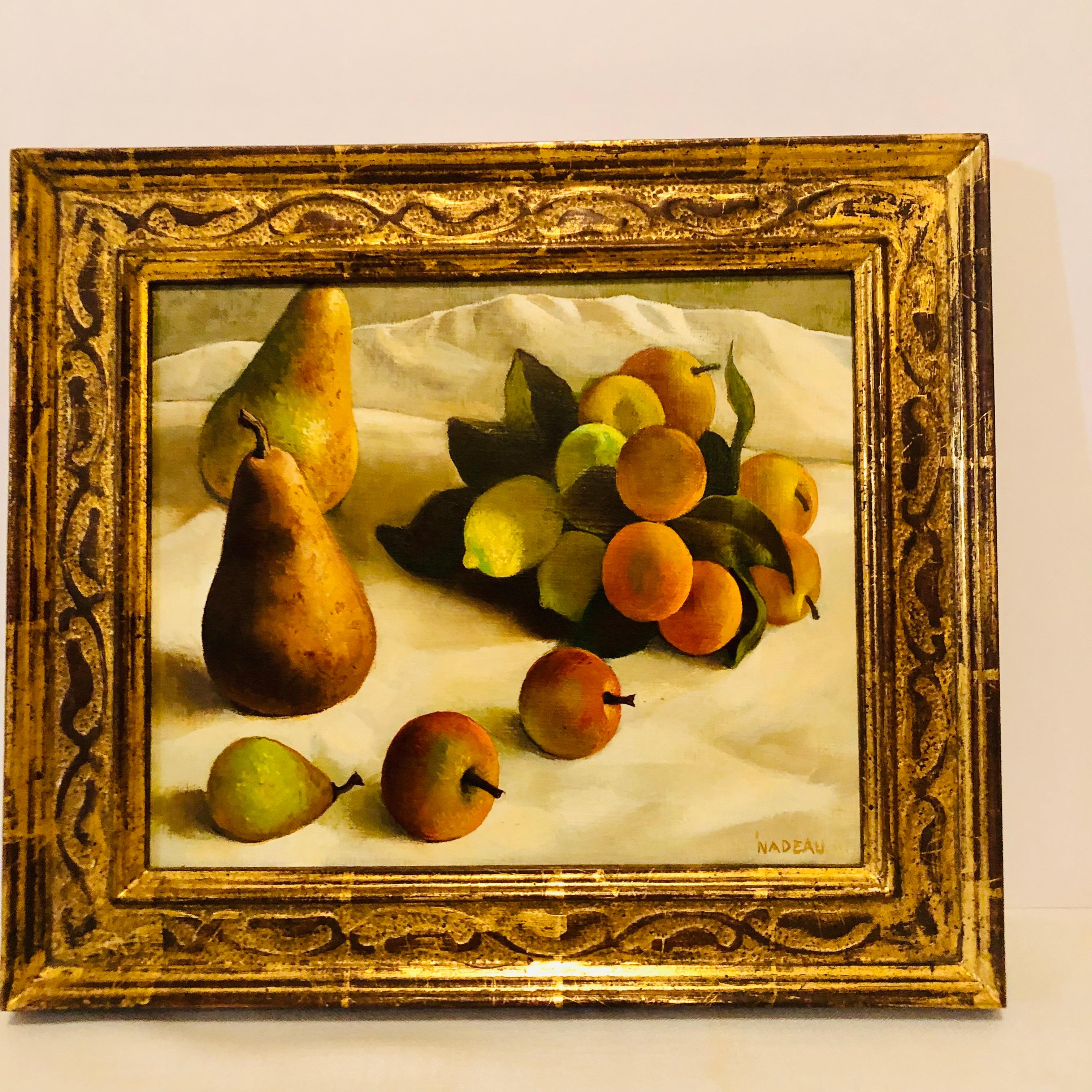 Oil on Canvas Painting of Pears and Other Fruits in a Gold Frame Signed Nadeau In Good Condition In Boston, MA