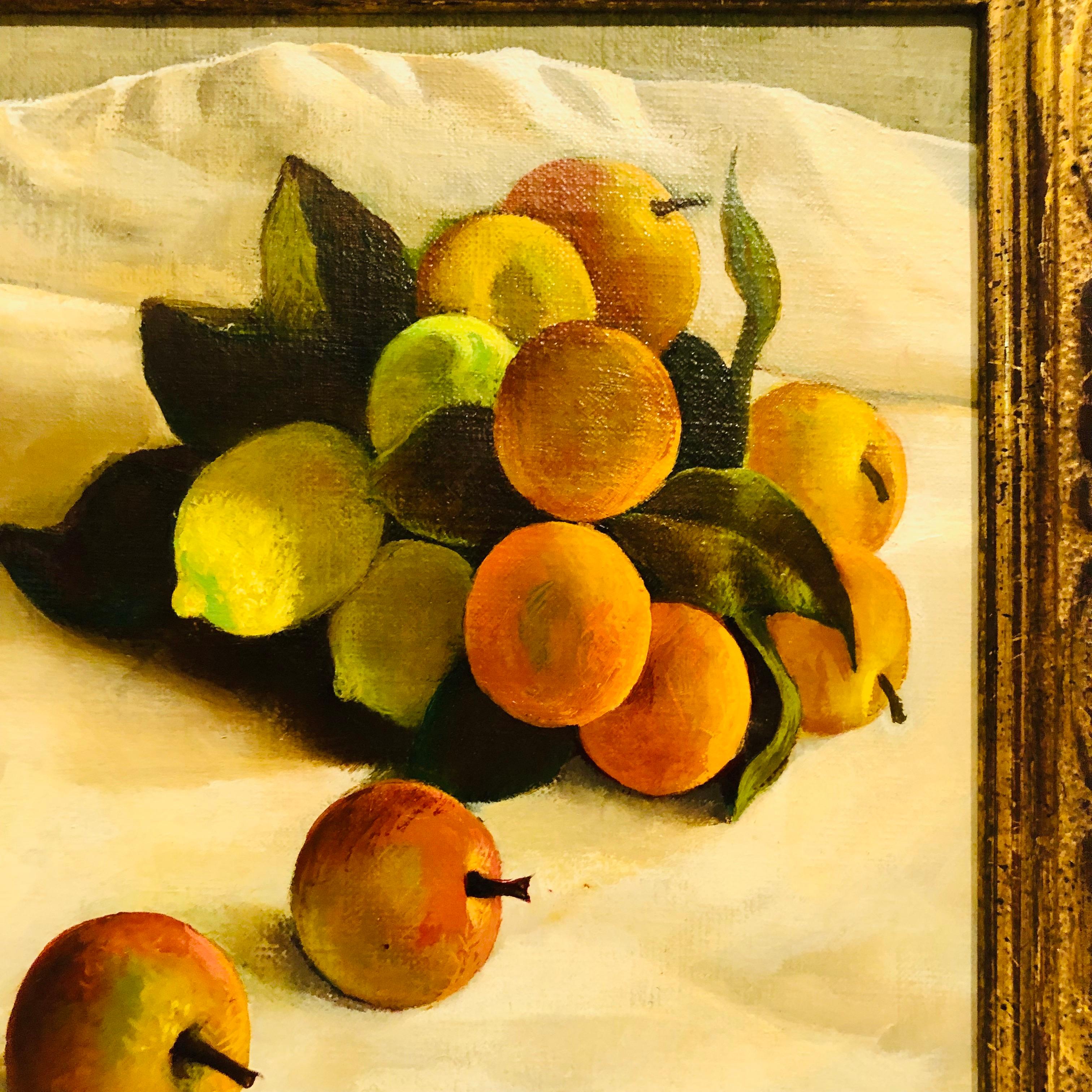 Late 20th Century Oil on Canvas Painting of Pears and Other Fruits in a Gold Frame Signed Nadeau