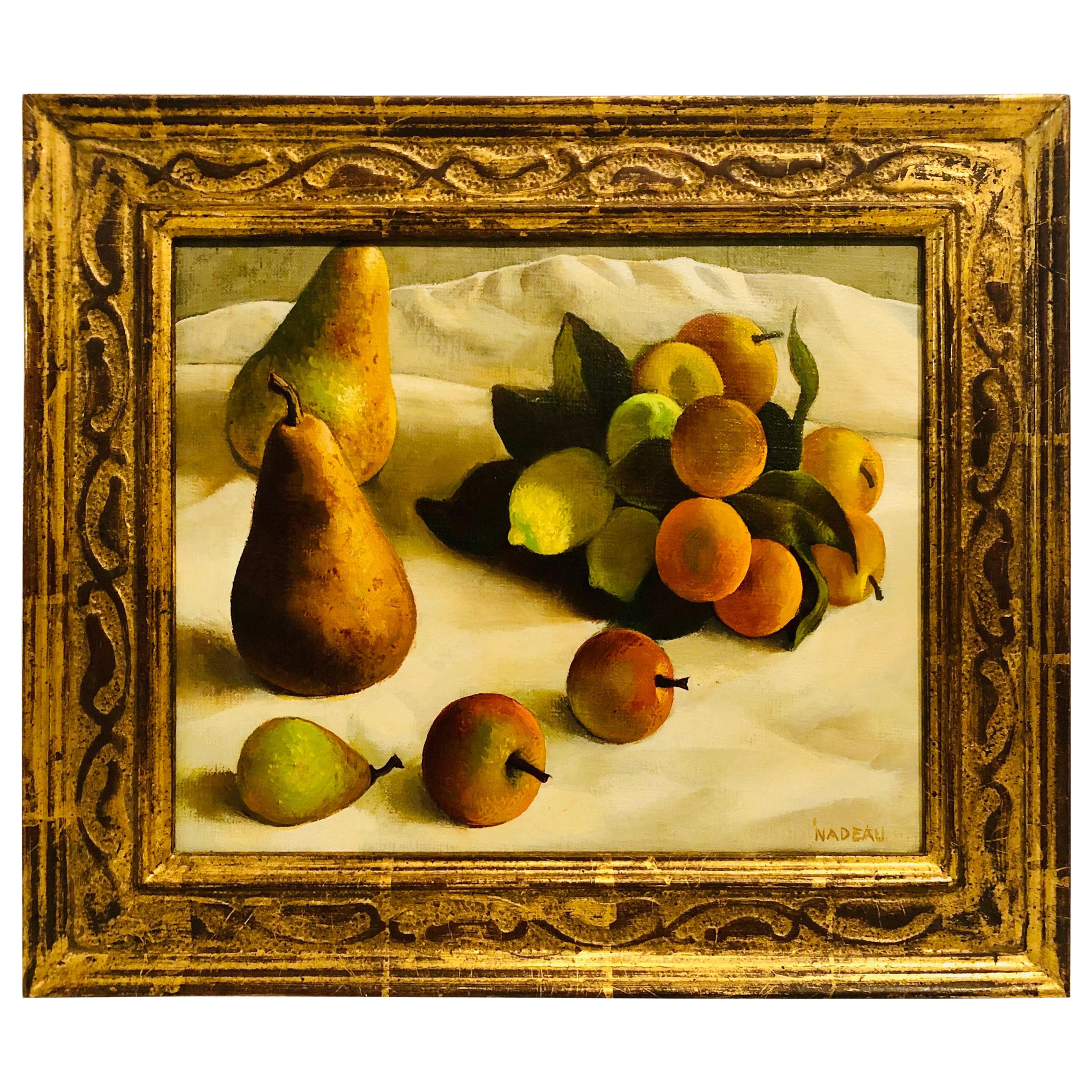 Oil on Canvas Painting of Pears and Other Fruits in a Gold Frame Signed Nadeau