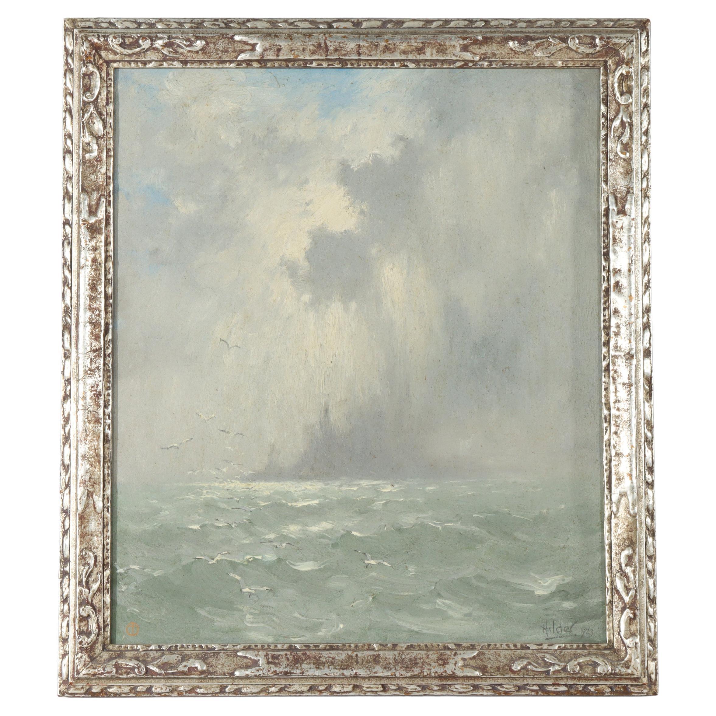 Peinture à l'huile sur toile d'un paysage marin orageux dans un cadre de style Newcomb Macklin c1923