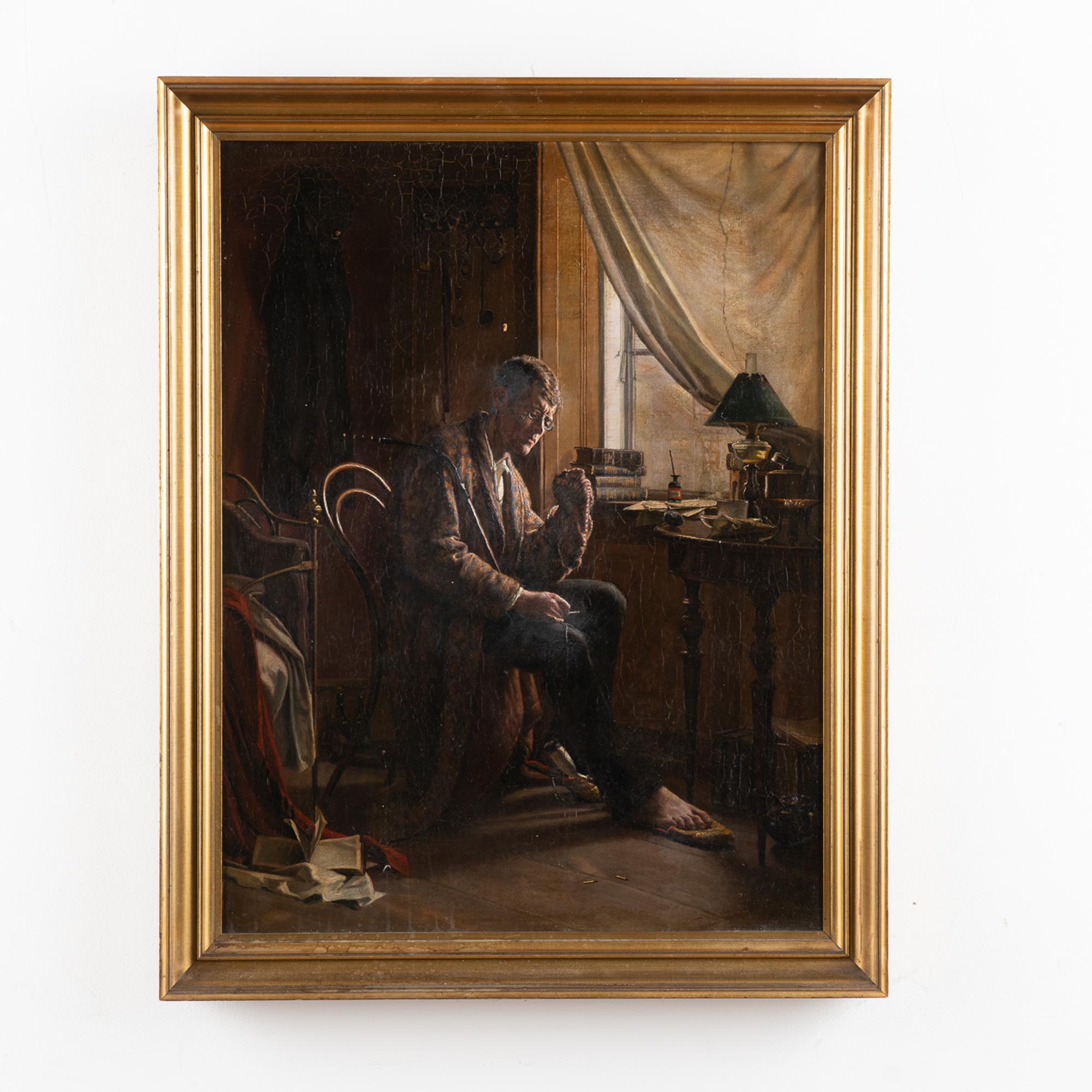 Original oil on canvas painting by Christian Pram-Henningsen (Denmark 1846-1892).
Subject is a young student darning his socks by the light of a window.
Oil on canvas. Signed and dated (lower right corner) 1881.
Has craquelure throughout, two