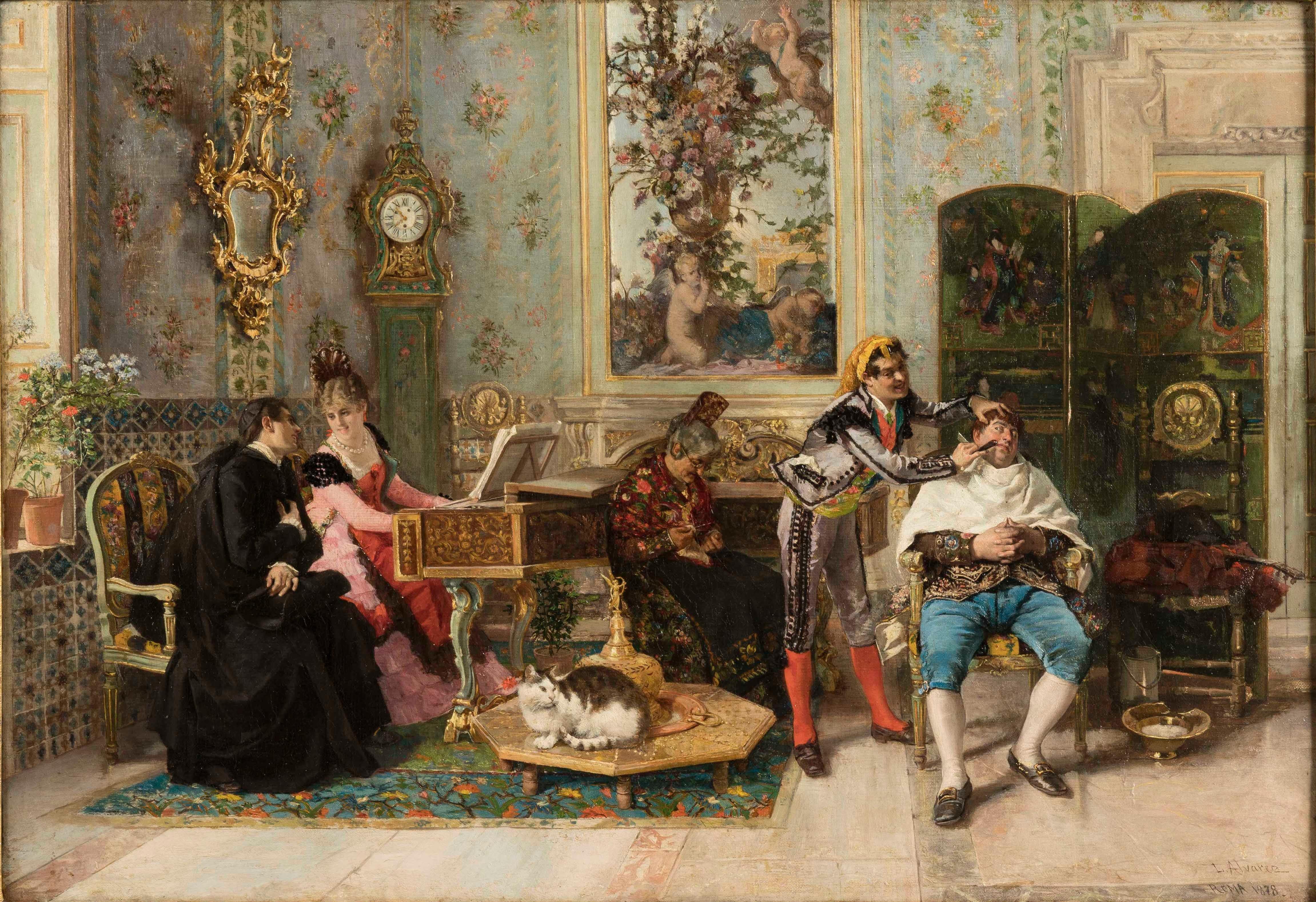 The Barber of Seville
By Luis Alvarez Catalá

Executed in oil on canvas, housed in a giltwood frame, the painting depicting an 18th century domestic scene in the Costumbrismo style including well-dressed figures such as the barber, the priest and