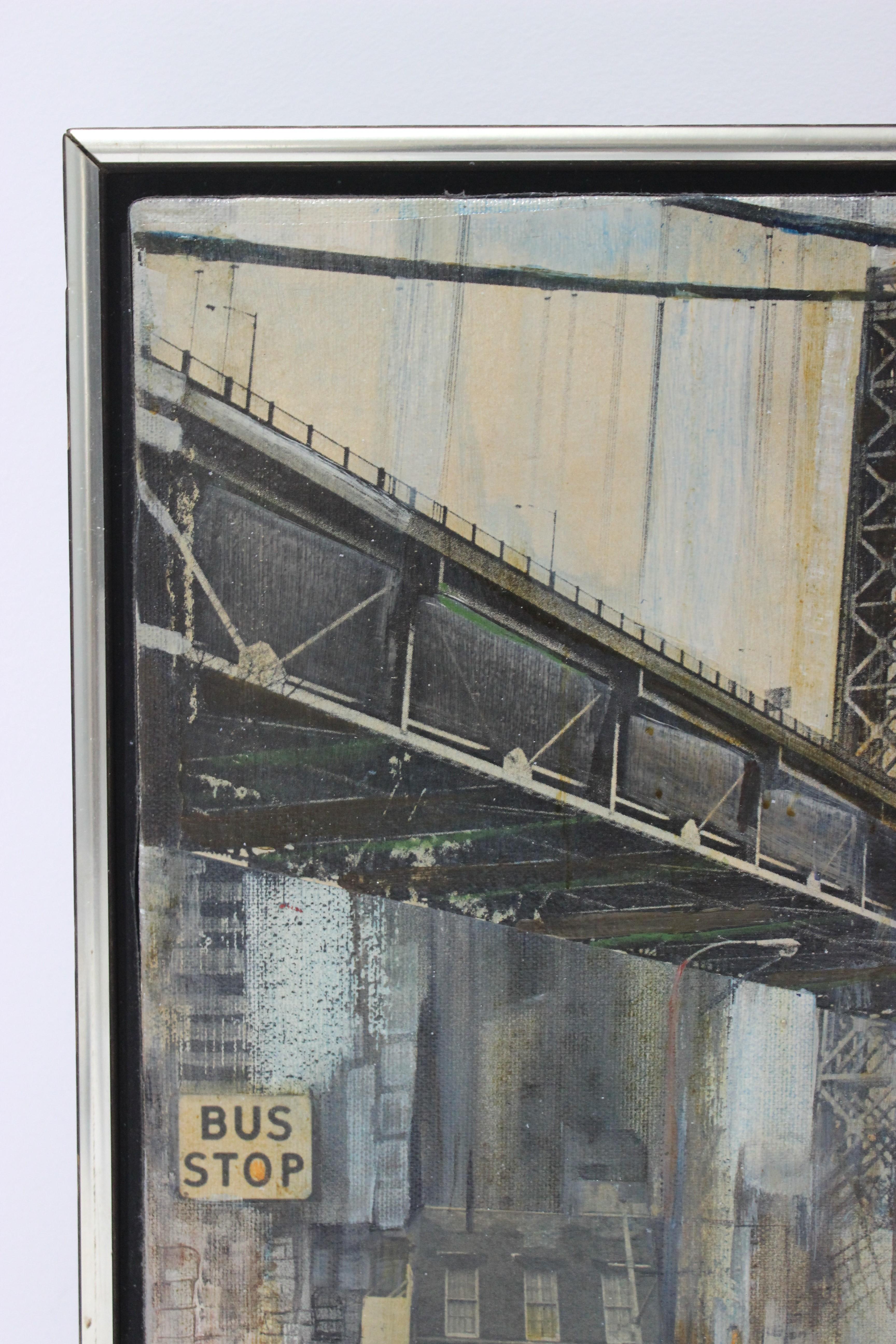 This Mid-Century Modern piece dates to the 1950s-1960s and depicts the Manhattan Bridge and is a mixed media of oil on canvas and paper collage (cars). 

Note: Signed on the verso and lower right corner.