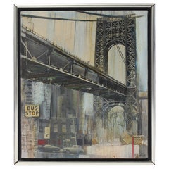 Vintage Oil on Canvas Painting of the Manhattan Bridge by M. Kaplan