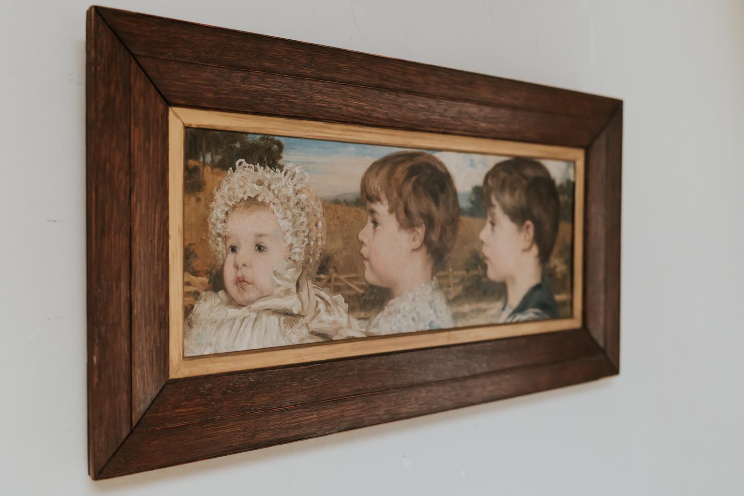British Oil on Canvas Painting of Three Toddlers For Sale