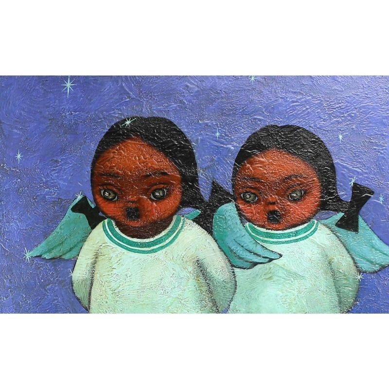 Torres, Jose Samano (Mexican, 1942-) Oil on Canvas Painting of Two Angel Girls. Star shaped Snowflakes on a Blue Background signed “Samano .T. 64.” 

Additional information:
Production Technique: Oil Painting 
Subject: Figures & Portraits